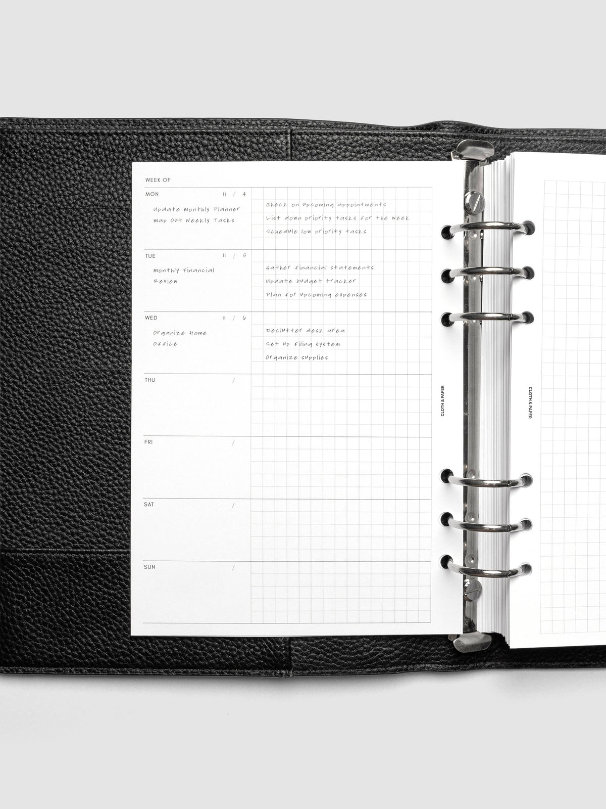 Demo page for Weekly Graph Inserts in size A5 shown ring bound.