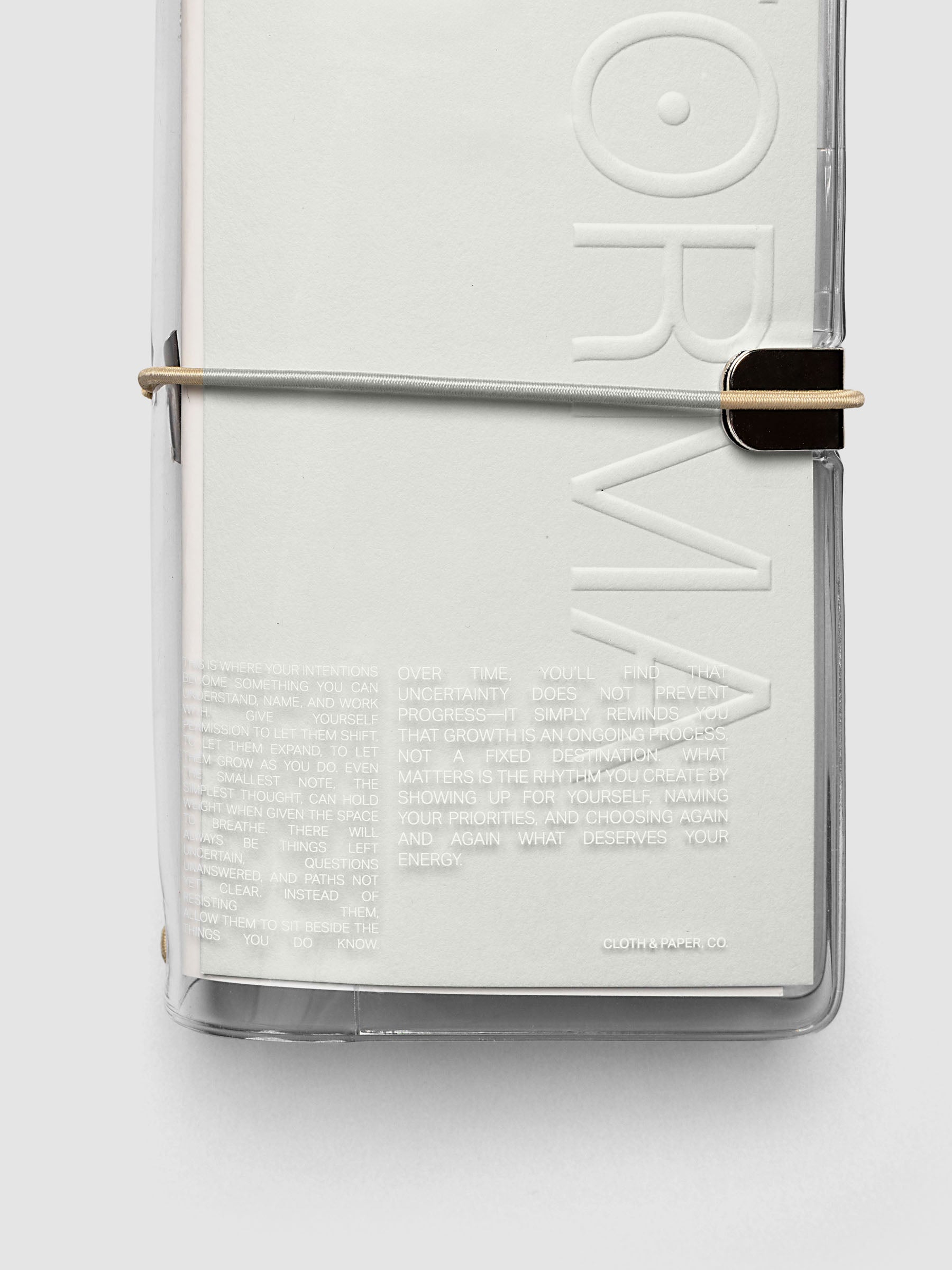 Detail view of screen printed text on the FORMA Travel Notebook cover.