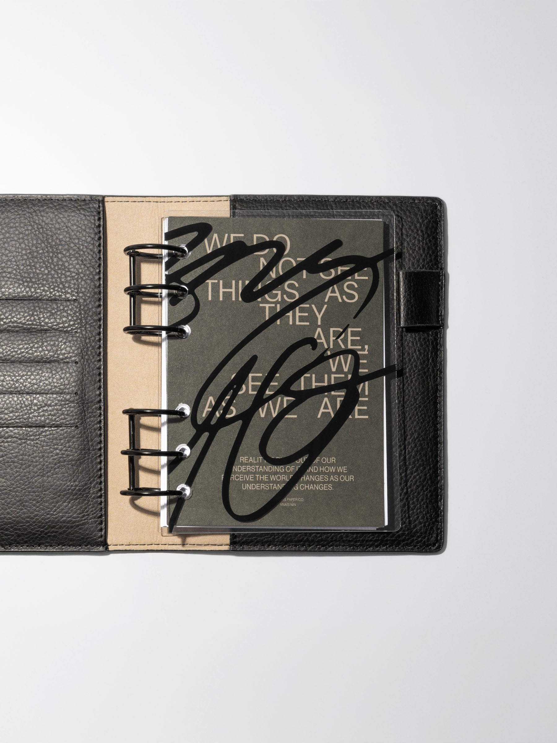As We Are Cover + Dashboard Set in size A6 shown ring bound in a black leather folio.