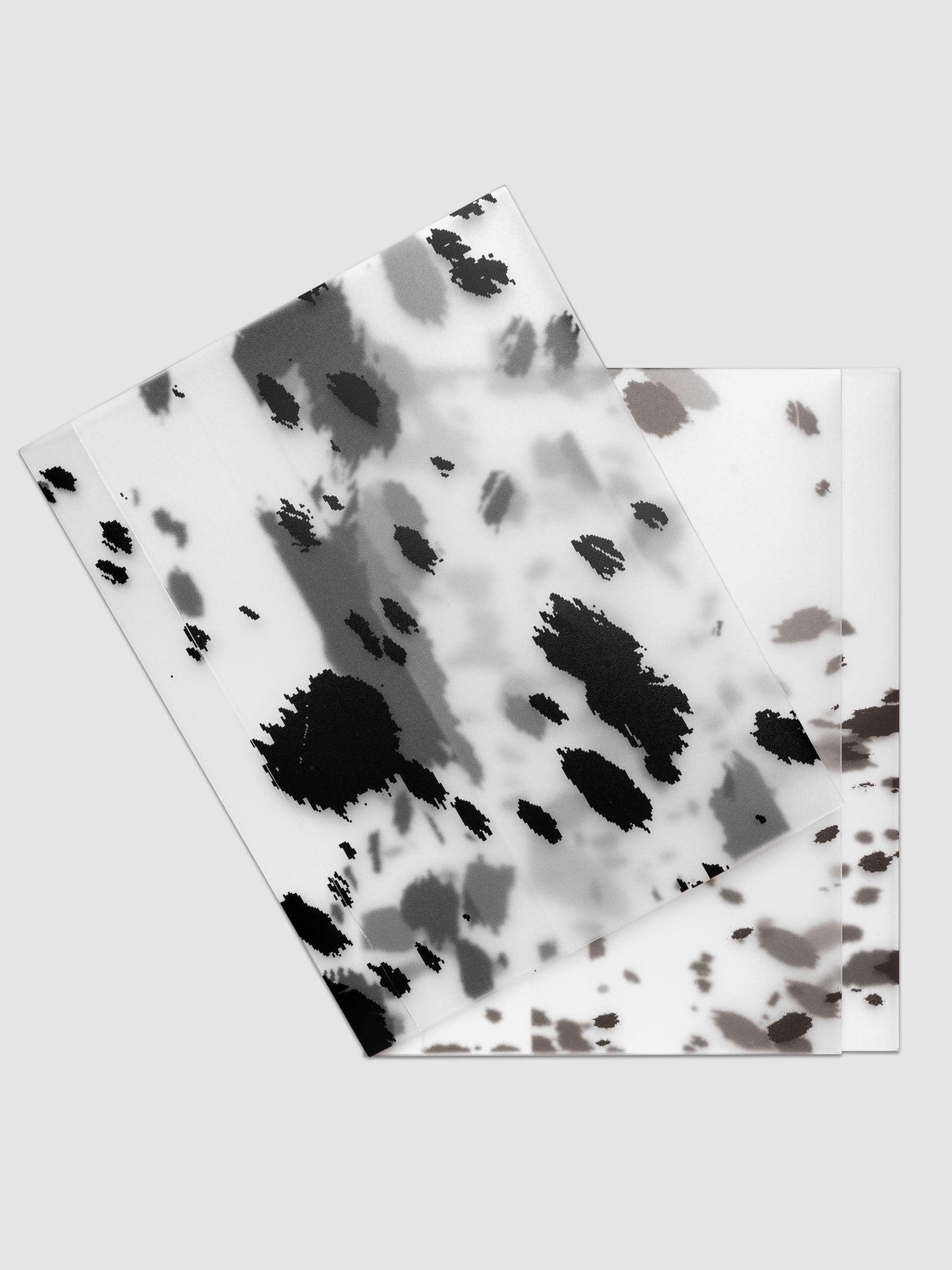 Two A5 frosted plastic notebook covers with dalmatian animal print pattern stacked and offset, shown in black and brown