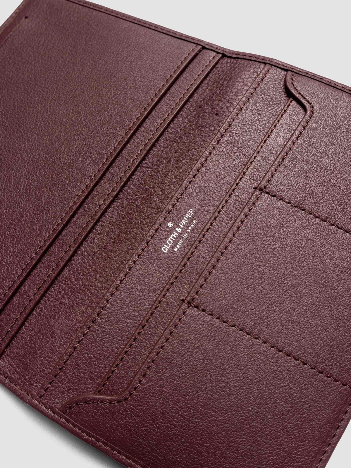 Close-up of empty Nomada Wallet interior in Madrid, showing pocket and card slot detail