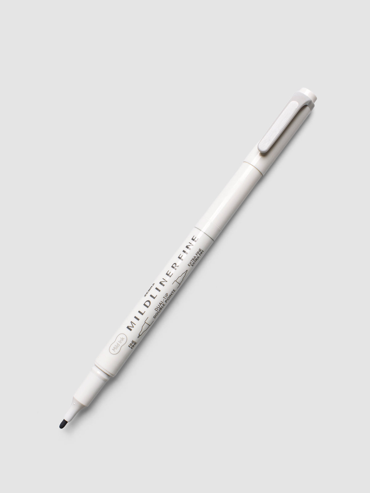 Zebra Mildliner Dual-Tip Fineliner in gray with cap removed showing fine bullet tip