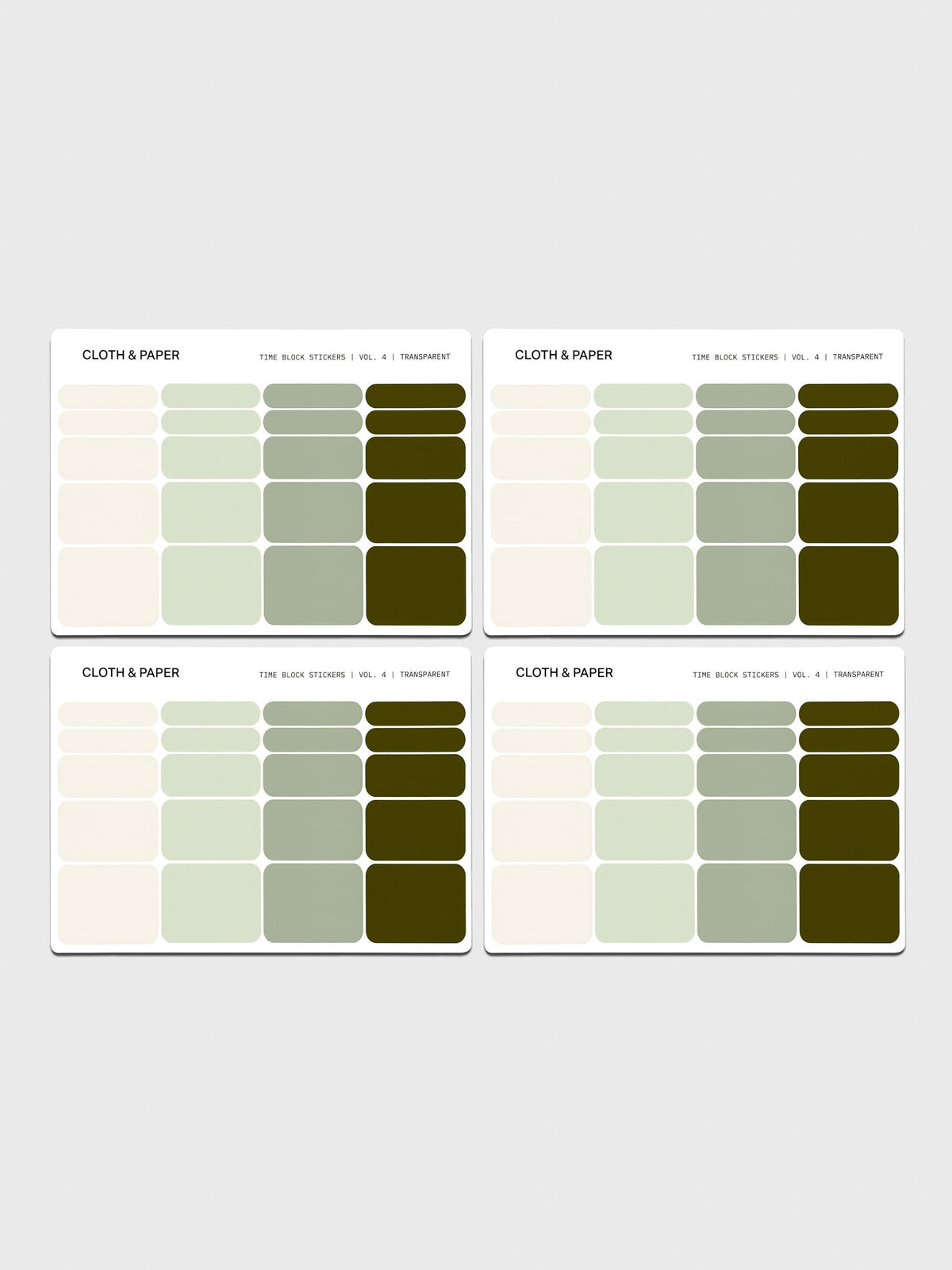 Cloth & Paper Time Block Stickers Vol. 4 in transparent. Four sheets featuring rectangular stickers in layered off white and three shades of green.
