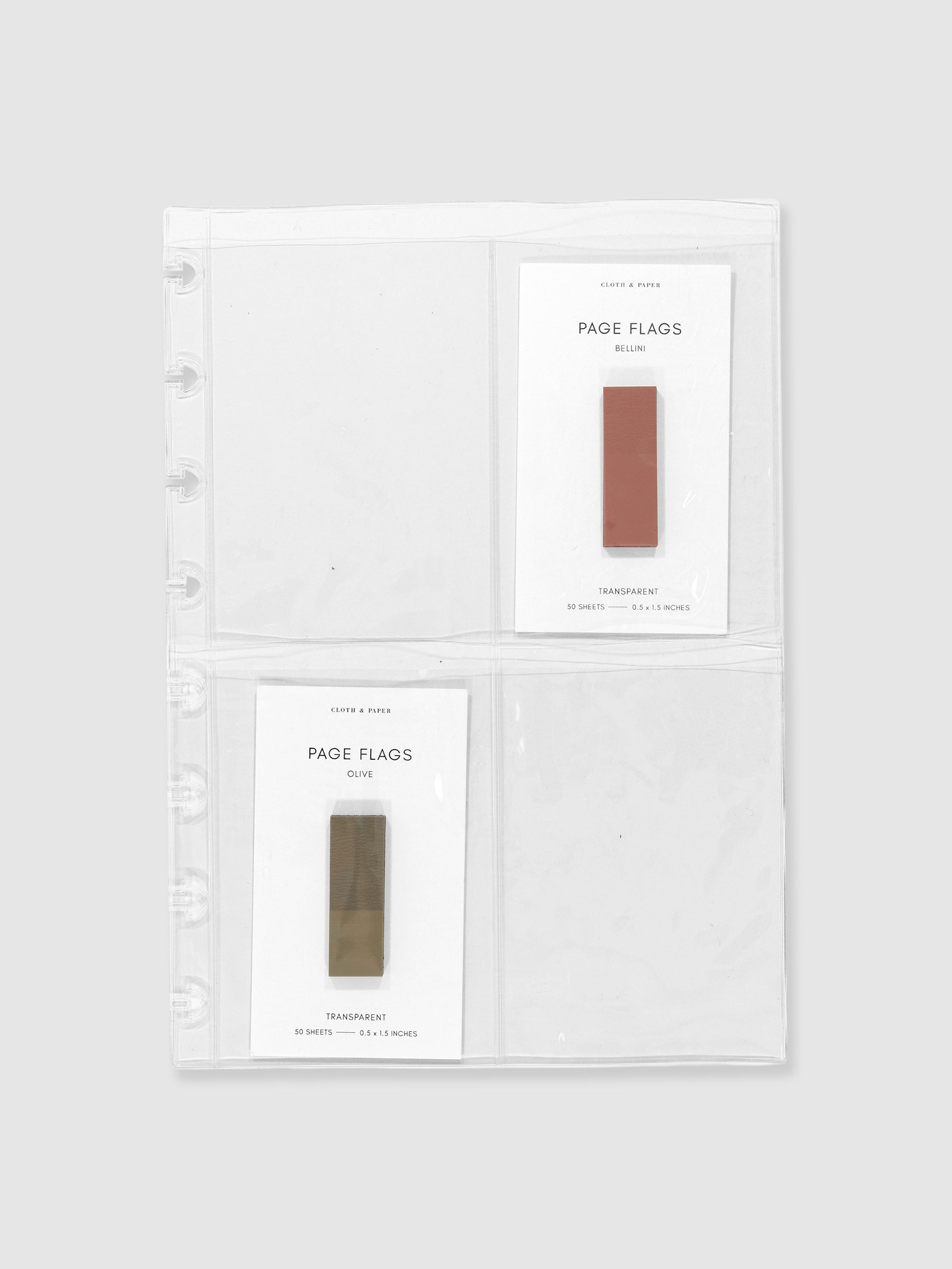 Two sets of page flags are displayed in two of the pockets. Size shown is Half Letter.