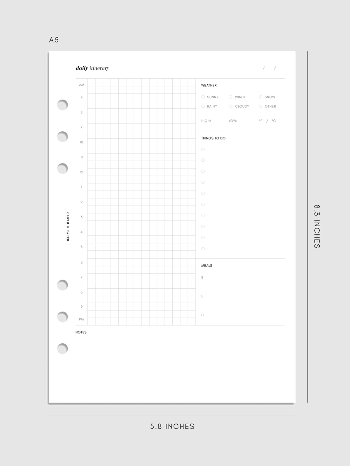 A5 6-Ring Punch Daily Itinerary Inserts
