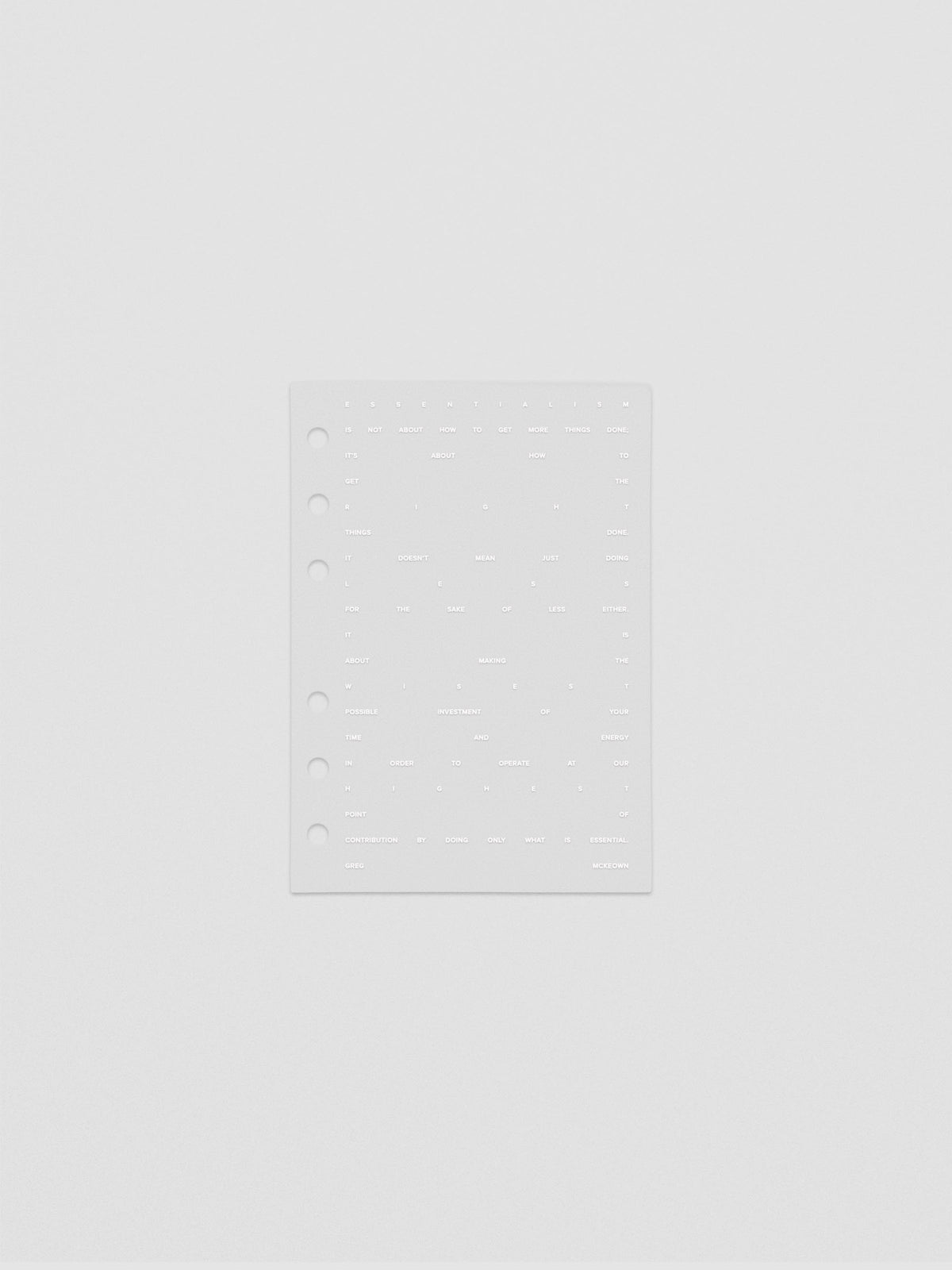 Essentialism Dashboard Duo reading "moins mai mieux" in size A6; transparent layer only.