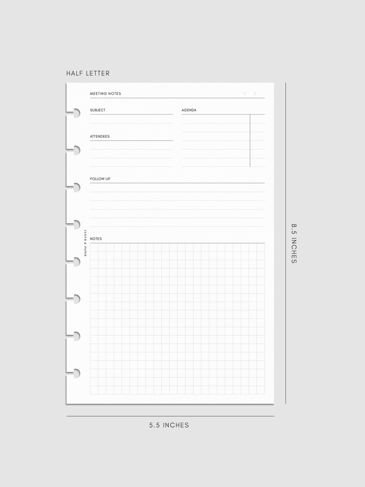 Half-letter meeting notes insert measuring 5.5 by 8.5 inches. The structured layout includes sections for subject, agenda, attendees, follow-up, and a gridded notes area with disc-bound punches along the side.