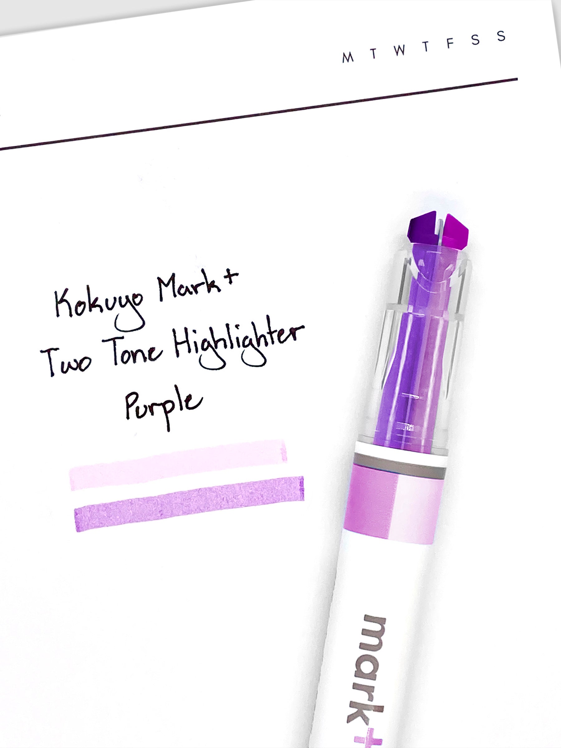 Highlighter resting on a sheet of paper displaying highlight samples from both nibs and ink colors.