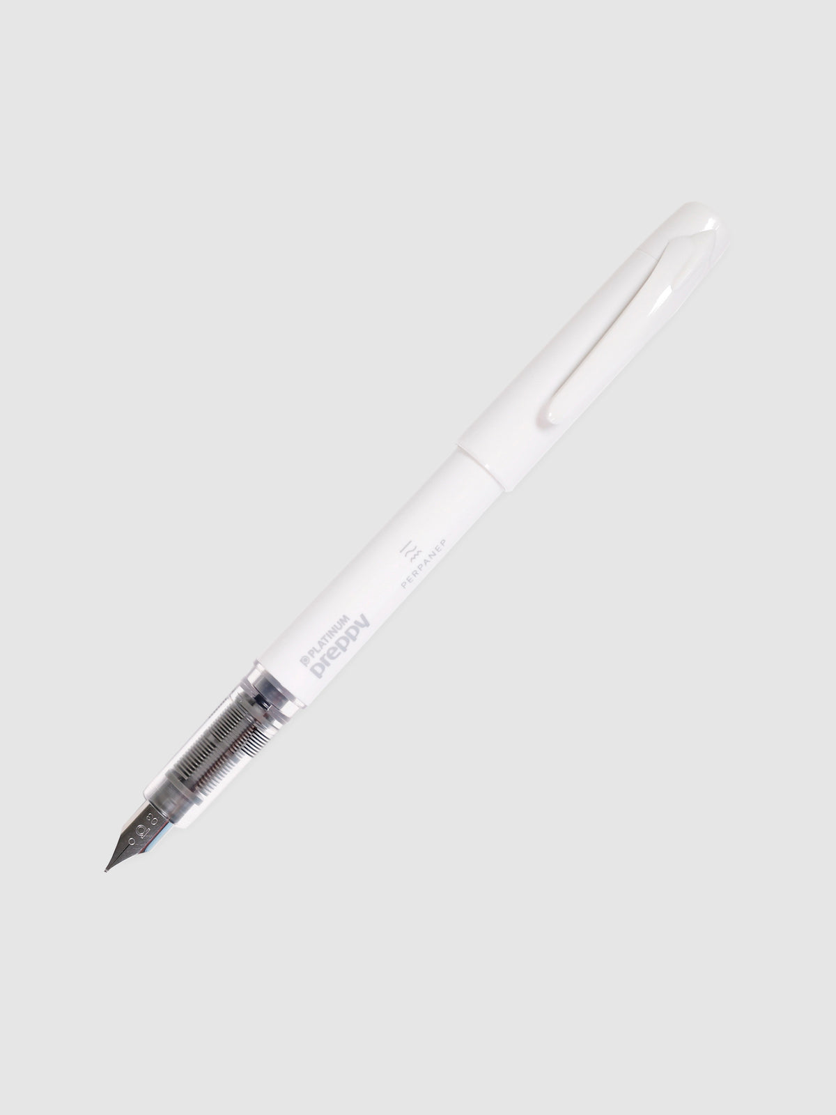 Kokuyo x Platinum Preppy Perpanep Fountain Pen, Cloth and Paper. Pen uncapped with cap posted, turned to the right against a neutral background.