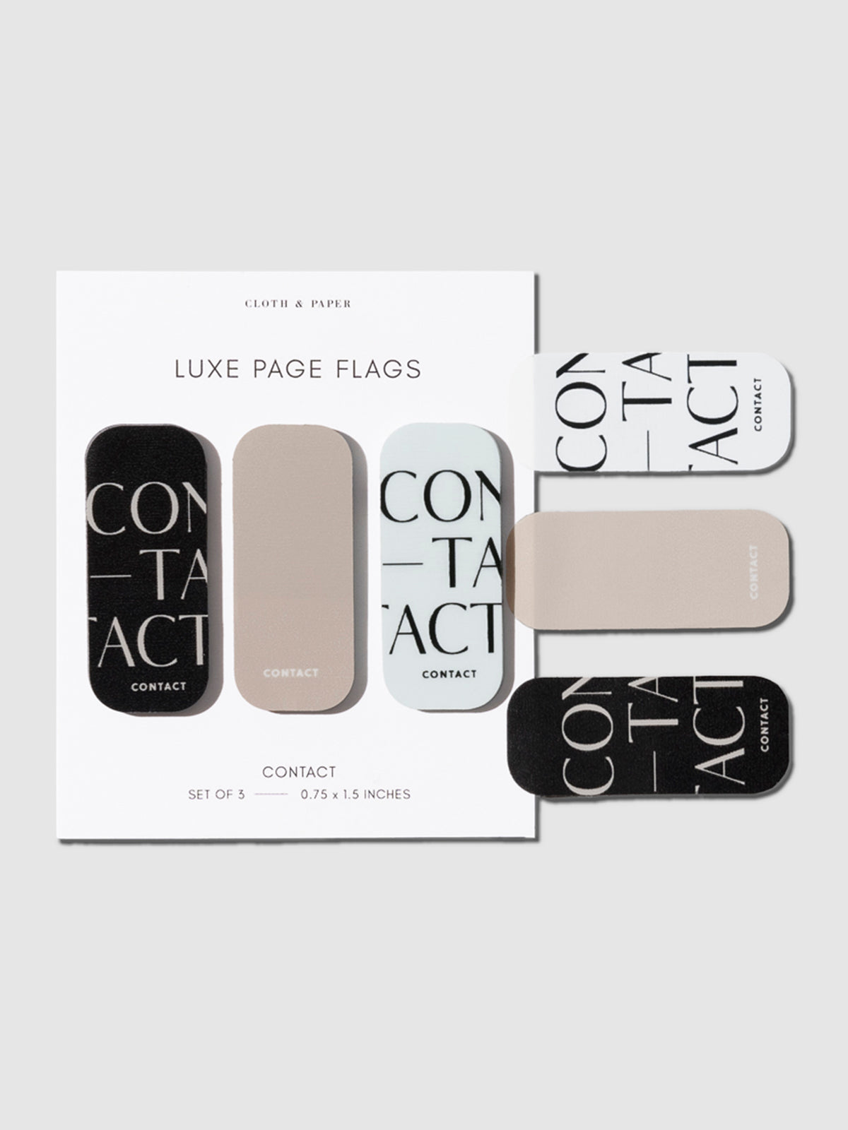 Contact page flags on their backings on a neutral background. One of each flag is stuck to the right side of the backing.