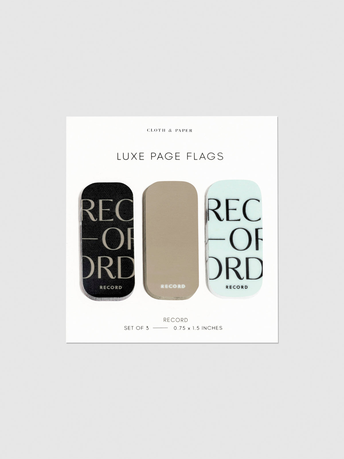 Luxe page flags on their backing on a neutral background. The text on the left and right flag read "Record" repeated multiple times.