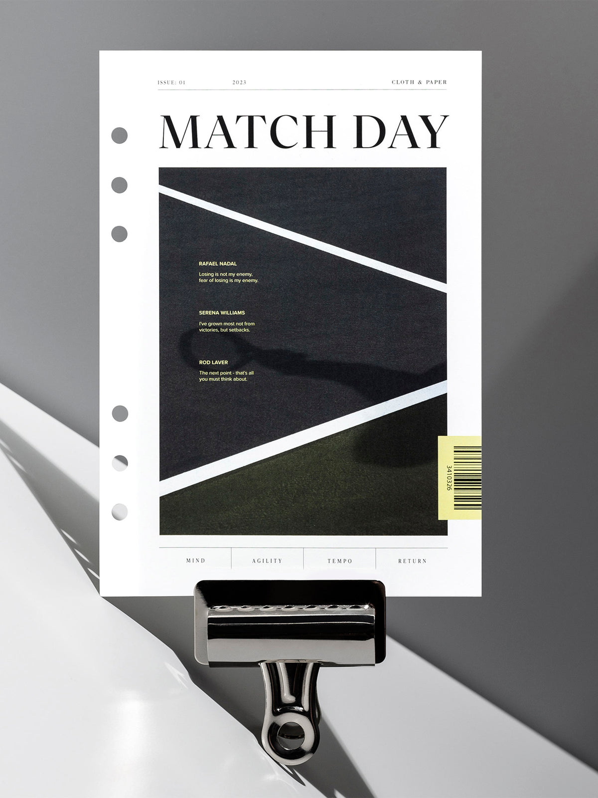 Match Day dashboard displayed with a clip on a neutral gray background. Size shown is A5.
