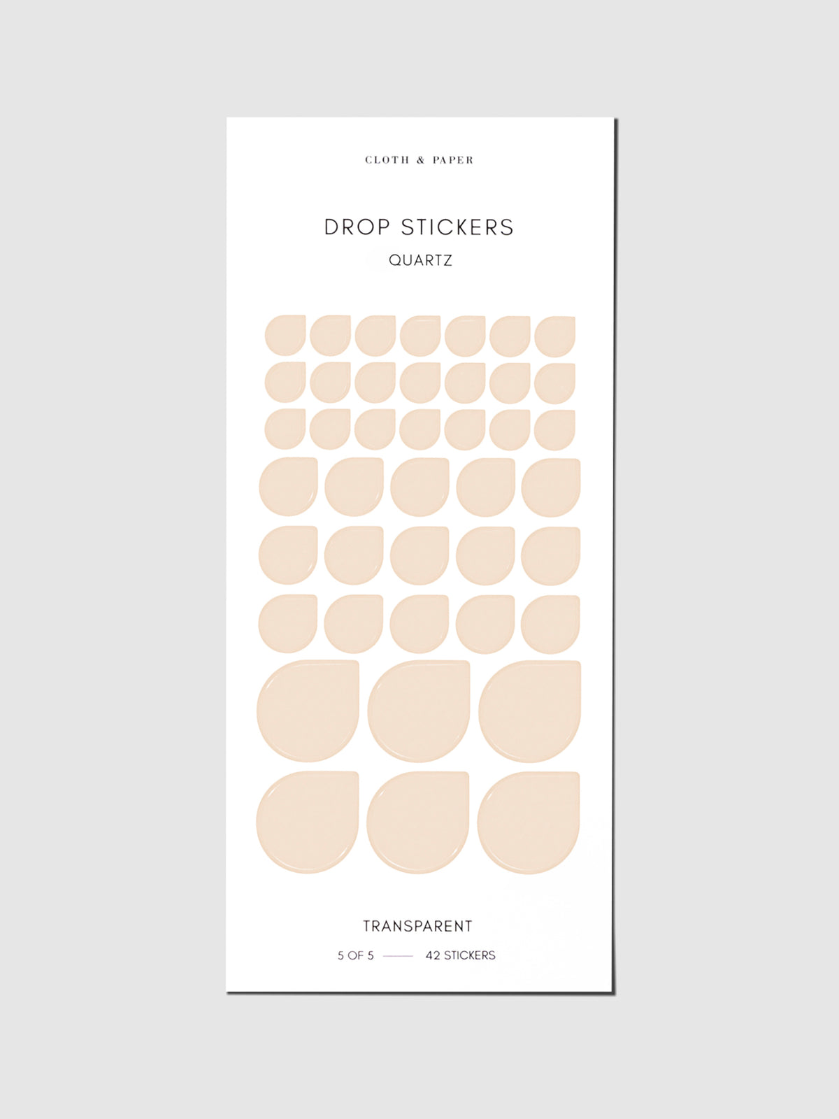 Sticker sheet displayed on a neutral background. Sticker sizes shown are mixed with small, medium, and large; color shown is Quartz.