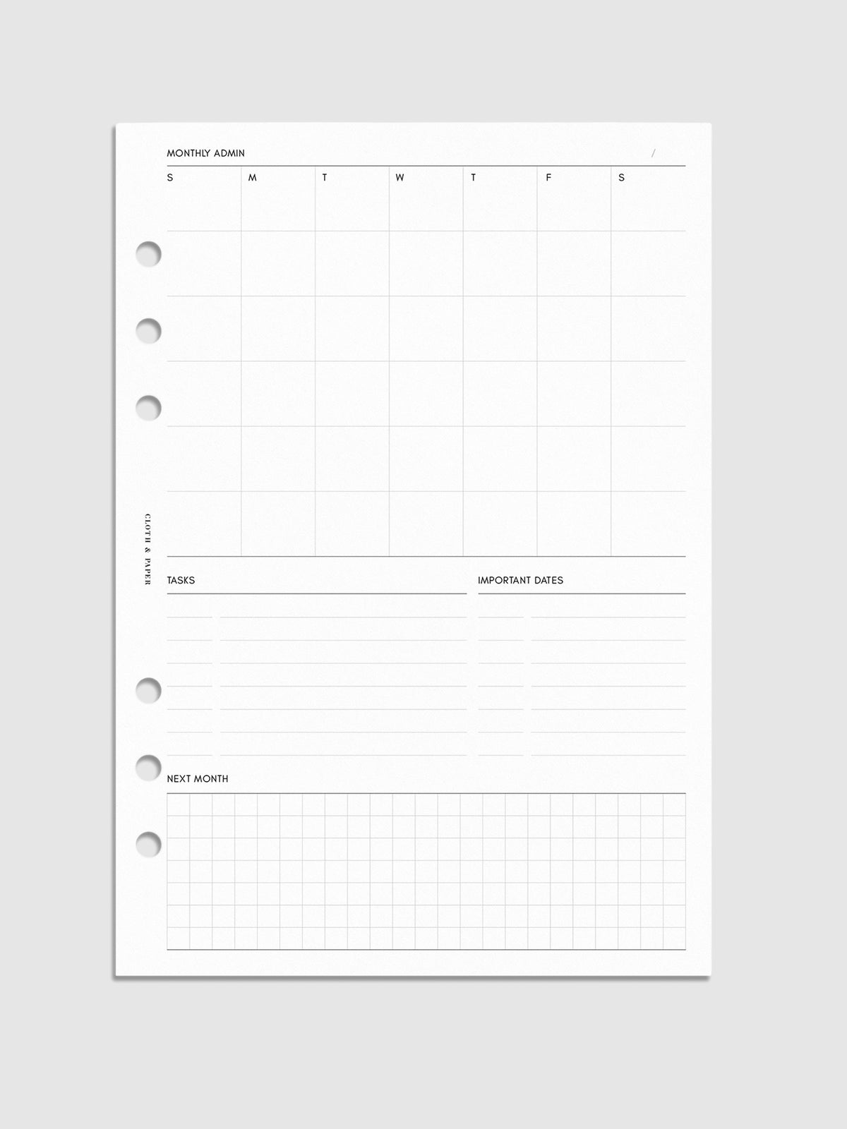 Monthly Admin Planner Inserts, Sunday Start, Cloth and Paper. Mockup of insert in A5.