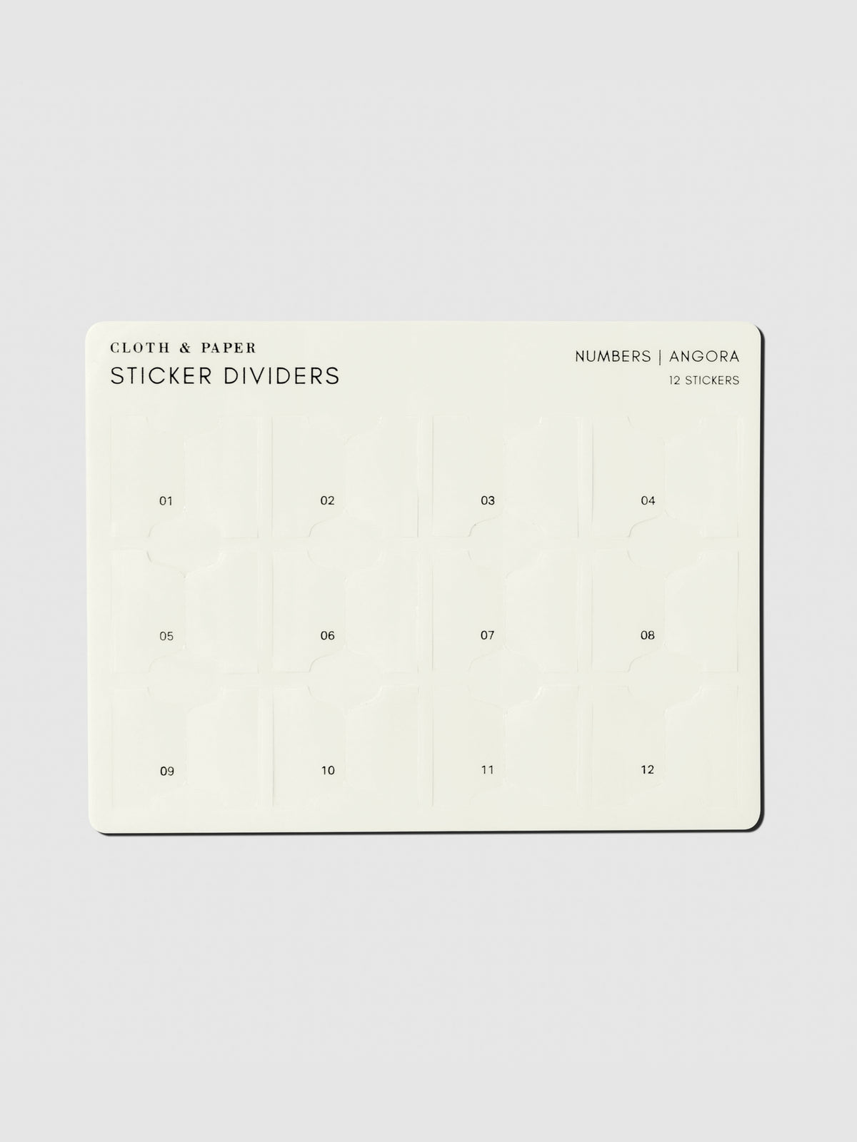 Sticker sheet displayed on a neutral background. Design shown is Numbers in the color Angora.