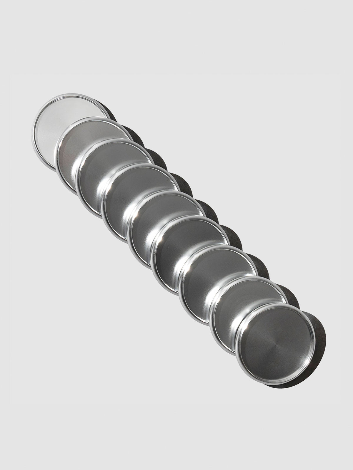Silver aluminum planner discs, 1.5 inch size, set of nine shown in packaging.
