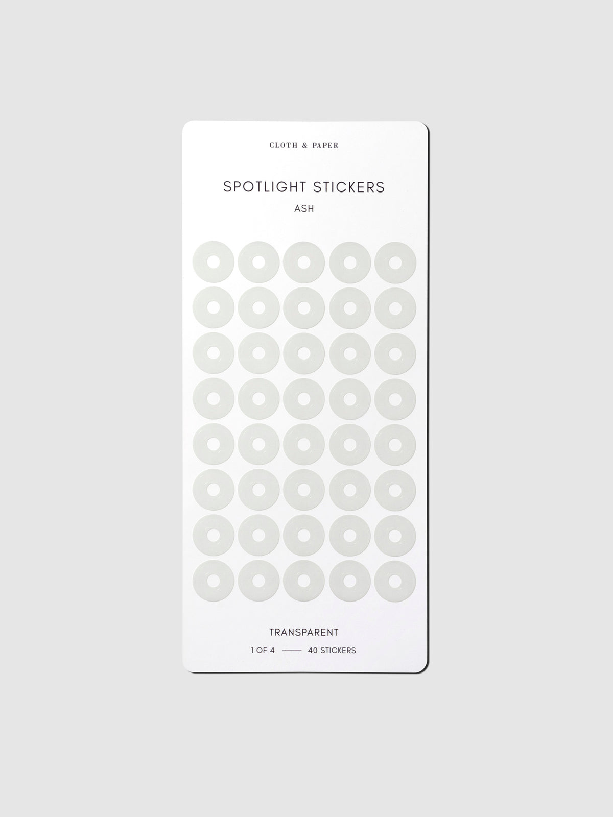 Sticker sheet displayed on a neutral background. Color shown is Ash.