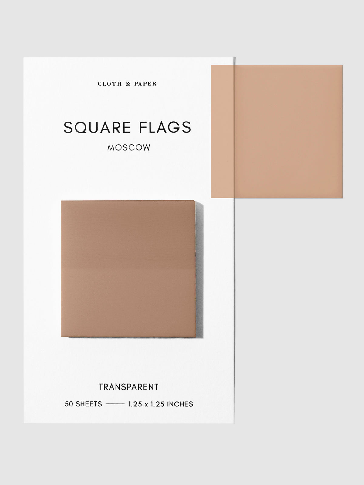 Square Page flag on their backing with one flag removed and attached to the backing to show its transparency. Color shown is Moscow.