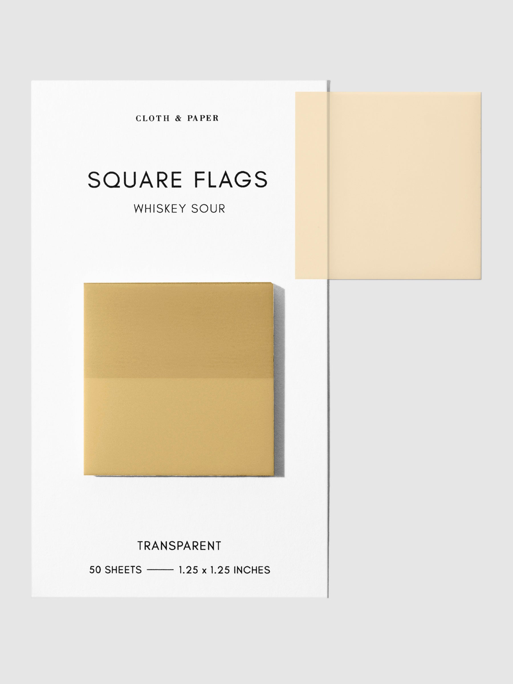 Square Page flag on their backing with one flag removed and attached to the backing to show its transparency. Color shown is Whiskey Sour.