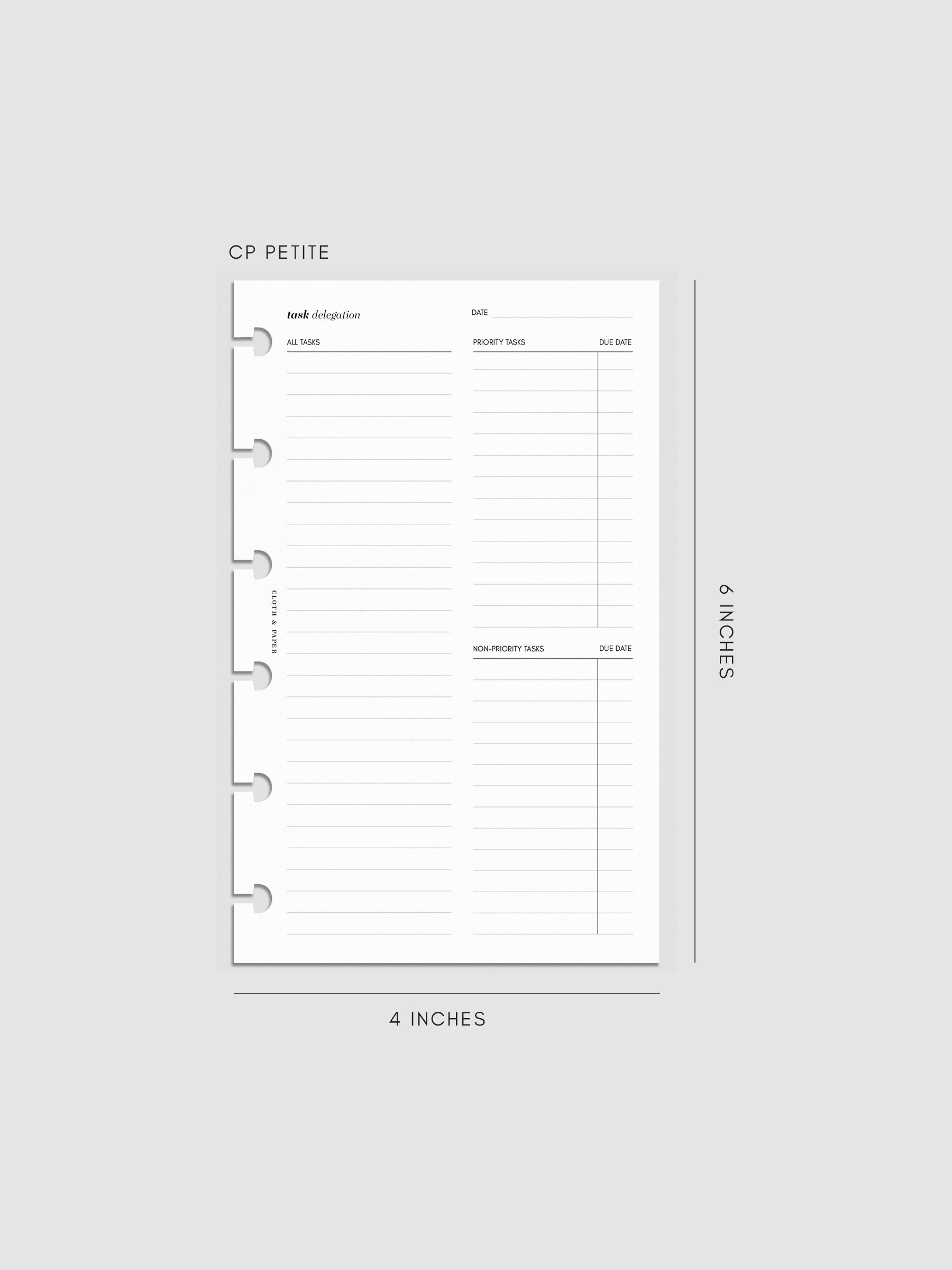 Digital mockup of Task Delegration Planner Inserts in size CP Petite with headers for date, asks, priority tasks, non-priority tasks, and due dates.