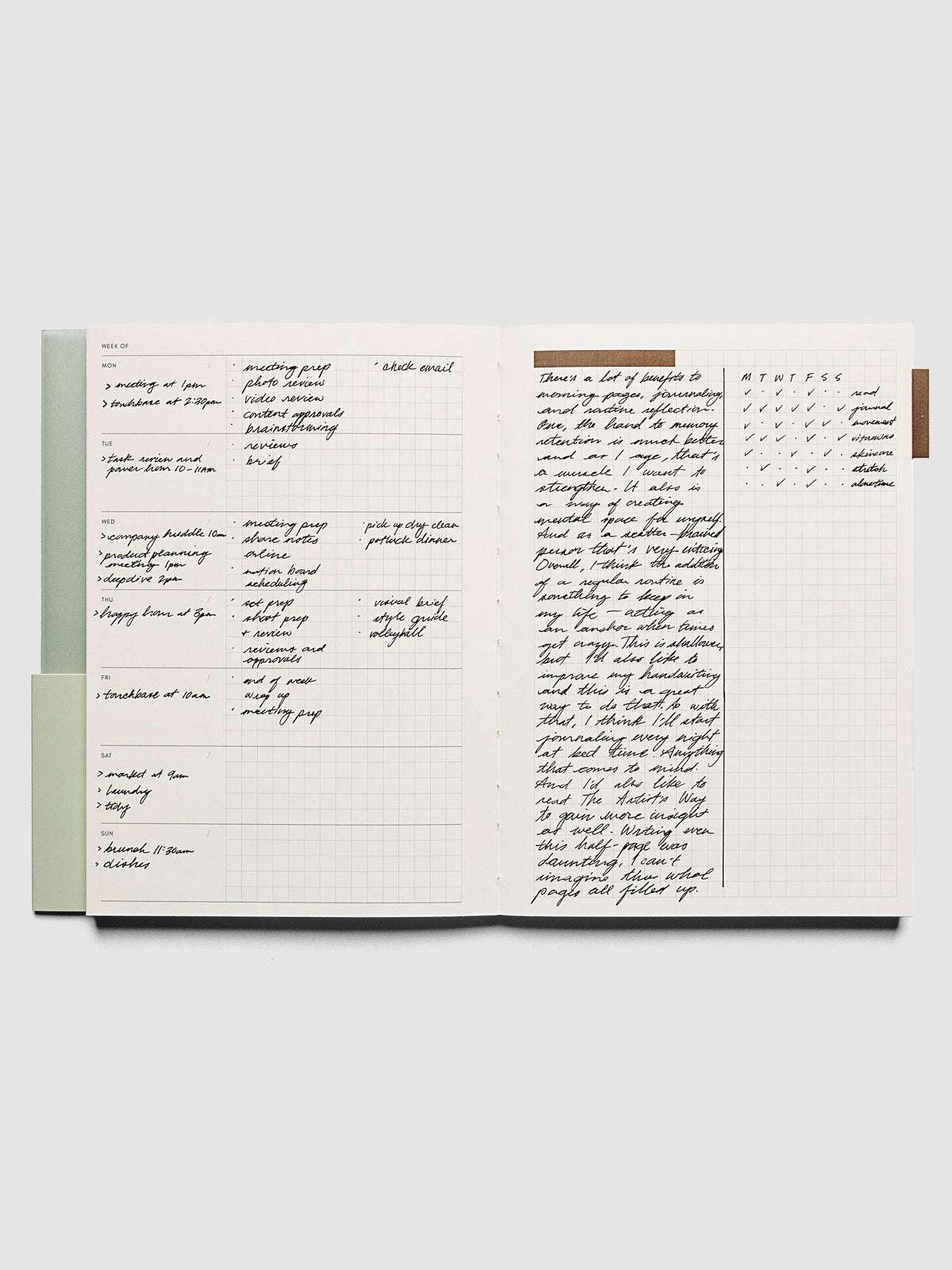 Perfect Bound Notebook | A5 | Weekly Agenda | Matcha shown open with handwritten examples of how to utilize the layouts.
