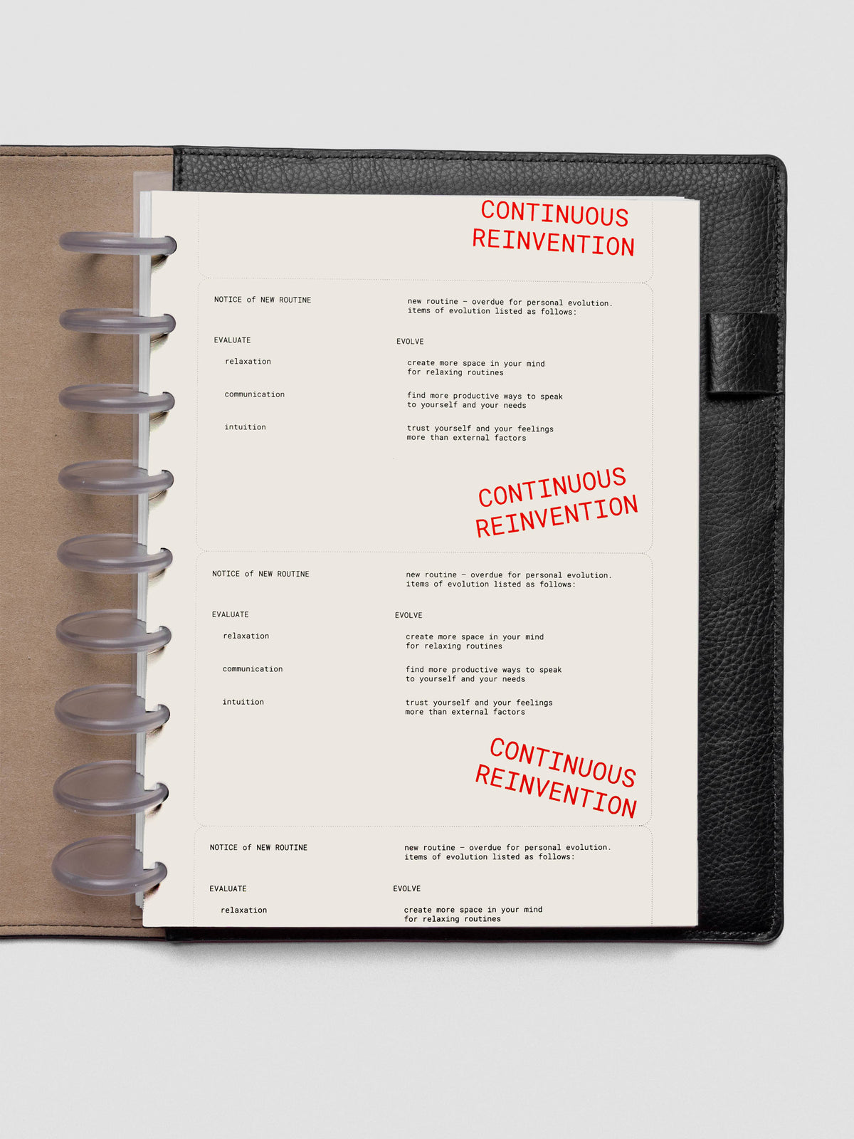 HP Classic Reinvention Dashboard shown in a discbound planner.