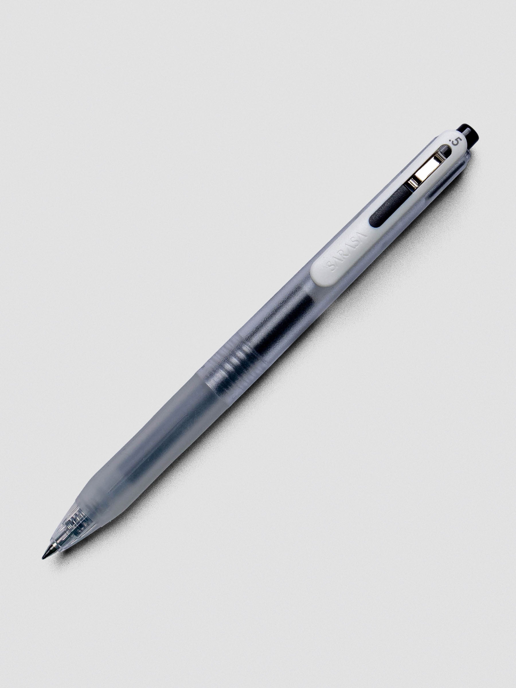 Zebra Sarasa Chill gel pen in Clear Black with clear barrel and black accents on white background.