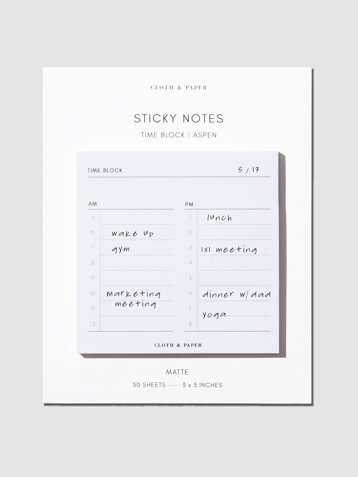 Sticky note displayed with its backing on a neutral background. It is filled out with sample tasks.