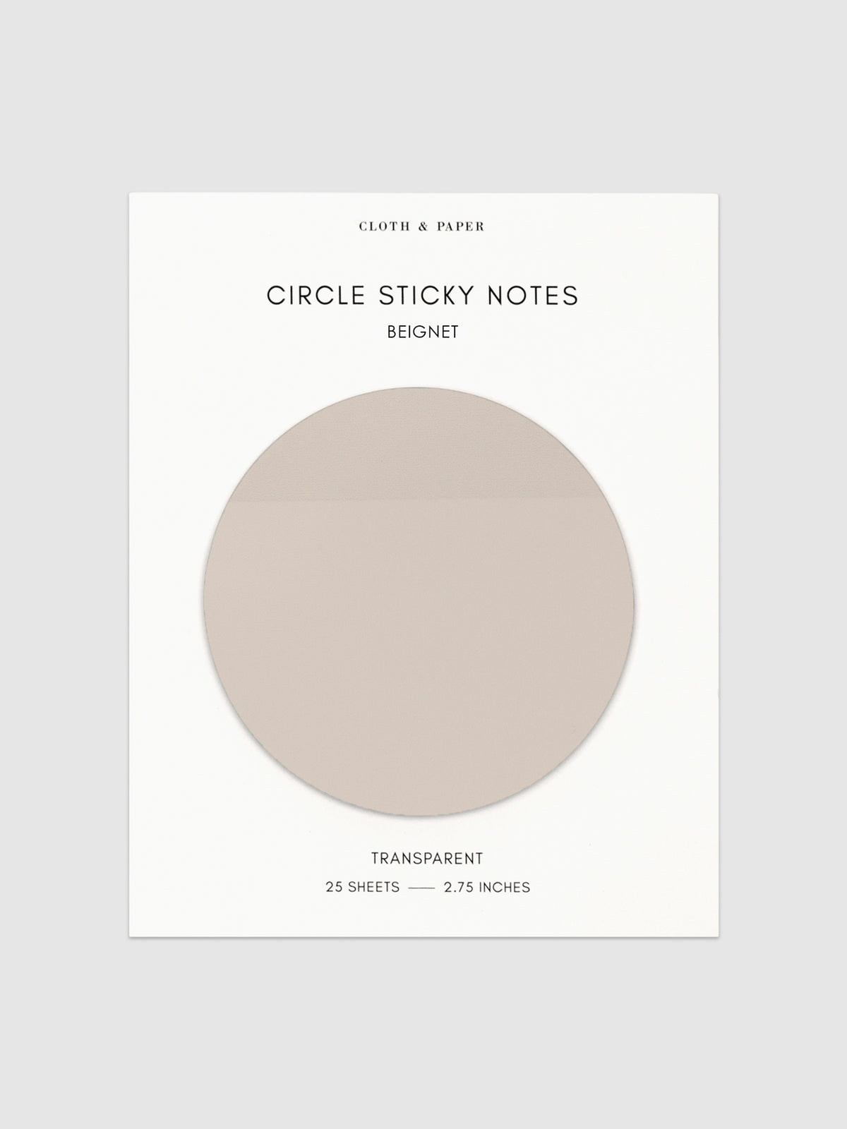 Transparent Circle Sticky Notes displayed on a neutral backround. Color shown is Beignet.