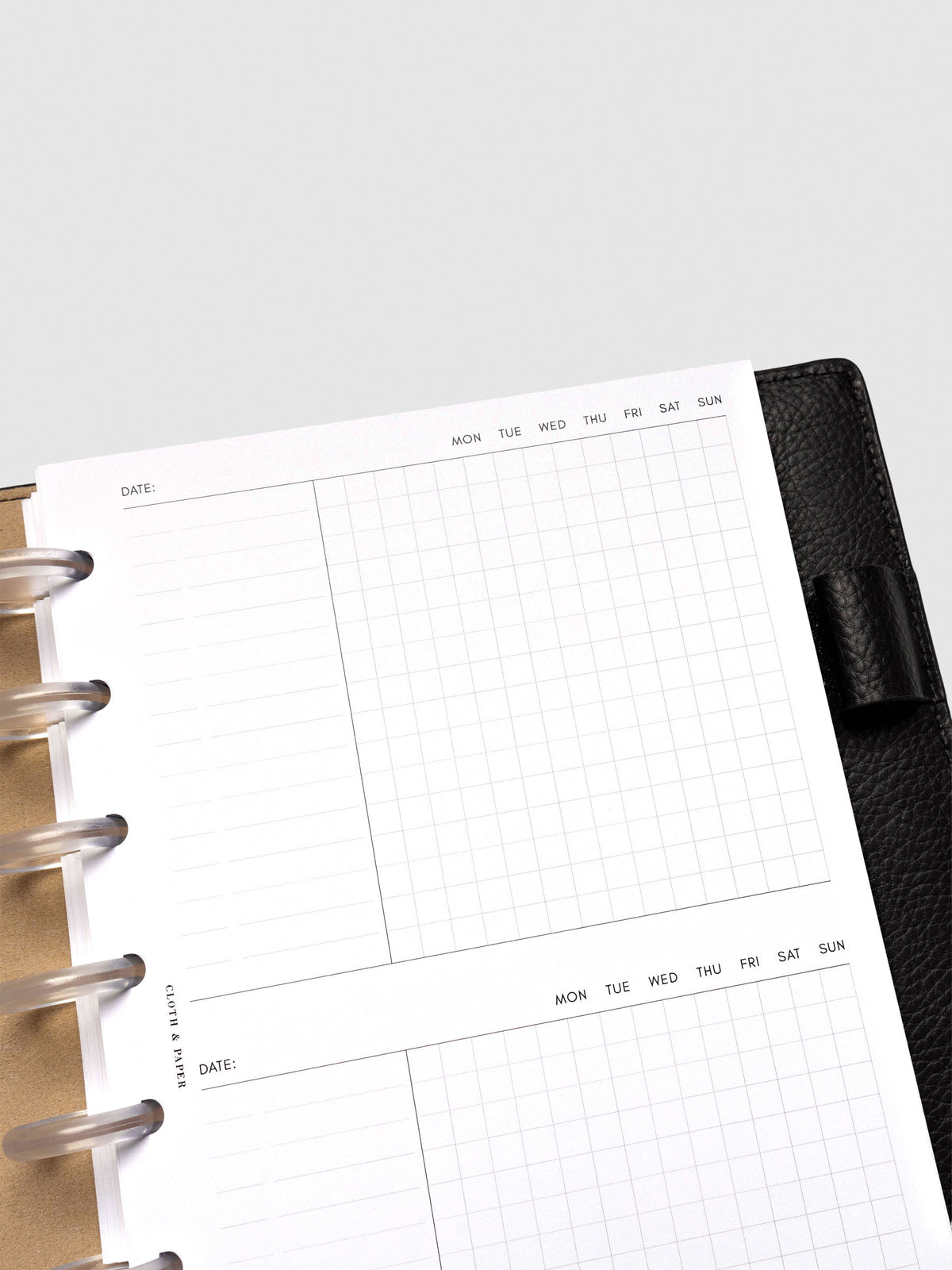 Insert in use inside a black leather planner.