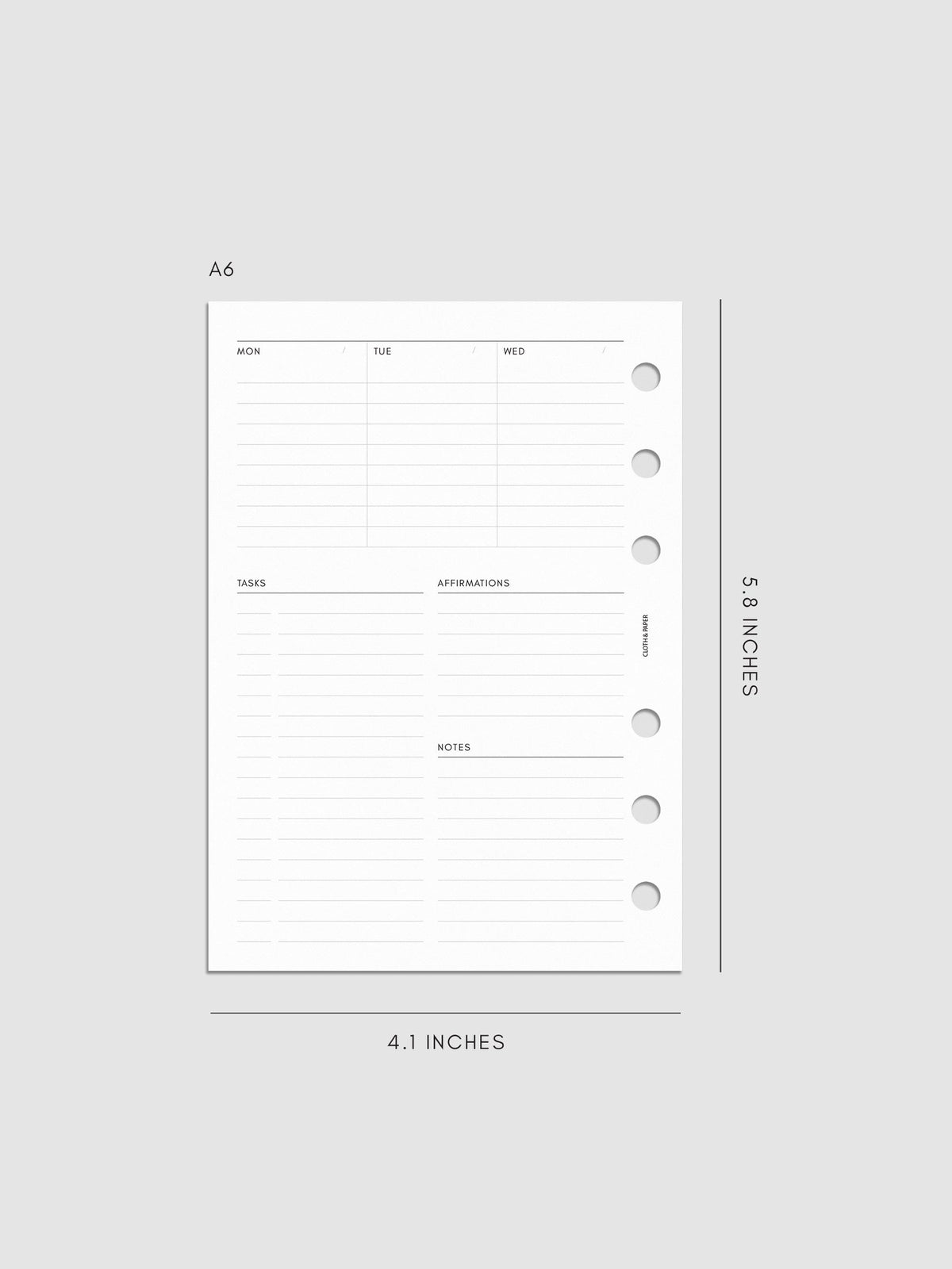 Weekly Essentials Planner Inserts, A6 6-Ring Punch, left page of weekly spread showing columns for Monday, Tuesday and Wednesday, with Tasks, Affirmations and Notes sections below