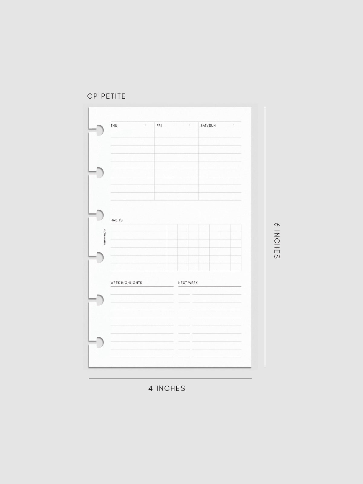 Weekly Essentials Planner Inserts, CP Petite 6-Disc Punch, right page of weekly spread showing columns for Thursday, Friday and a combined Saturday and Sunday, with a Habits tracker grid and Week Highlights and Next Week sections below