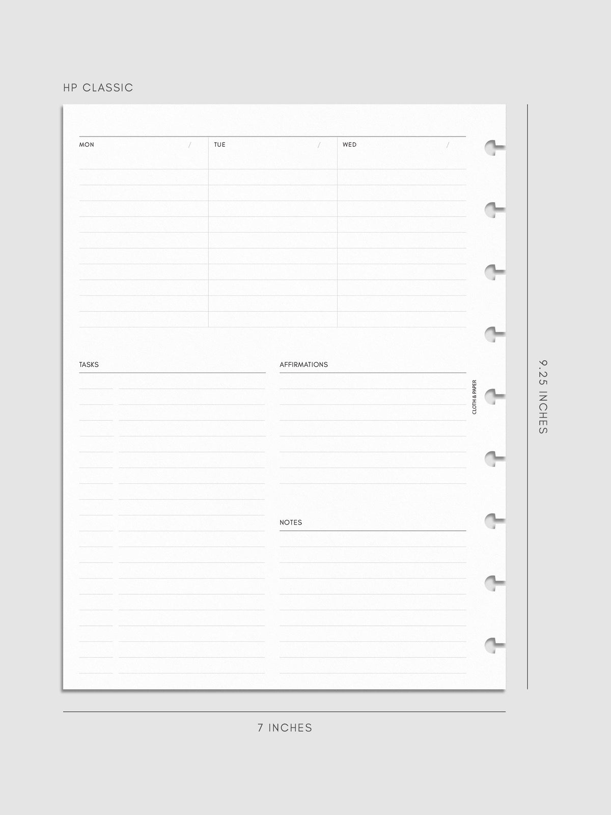 Weekly Essentials Planner Inserts, HP Classic 9-Disc Punch, left page of weekly spread showing columns for Monday, Tuesday and Wednesday, with Tasks, Affirmations and Notes sections below