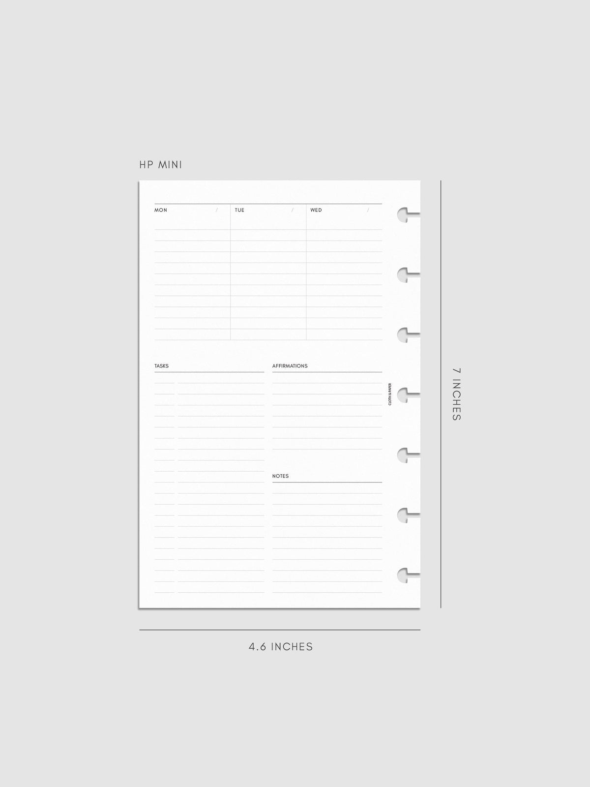 Weekly Essentials Planner Inserts, HP Mini 7-Disc Punch, left page of weekly spread showing columns for Monday, Tuesday and Wednesday, with Tasks, Affirmations and Notes sections below