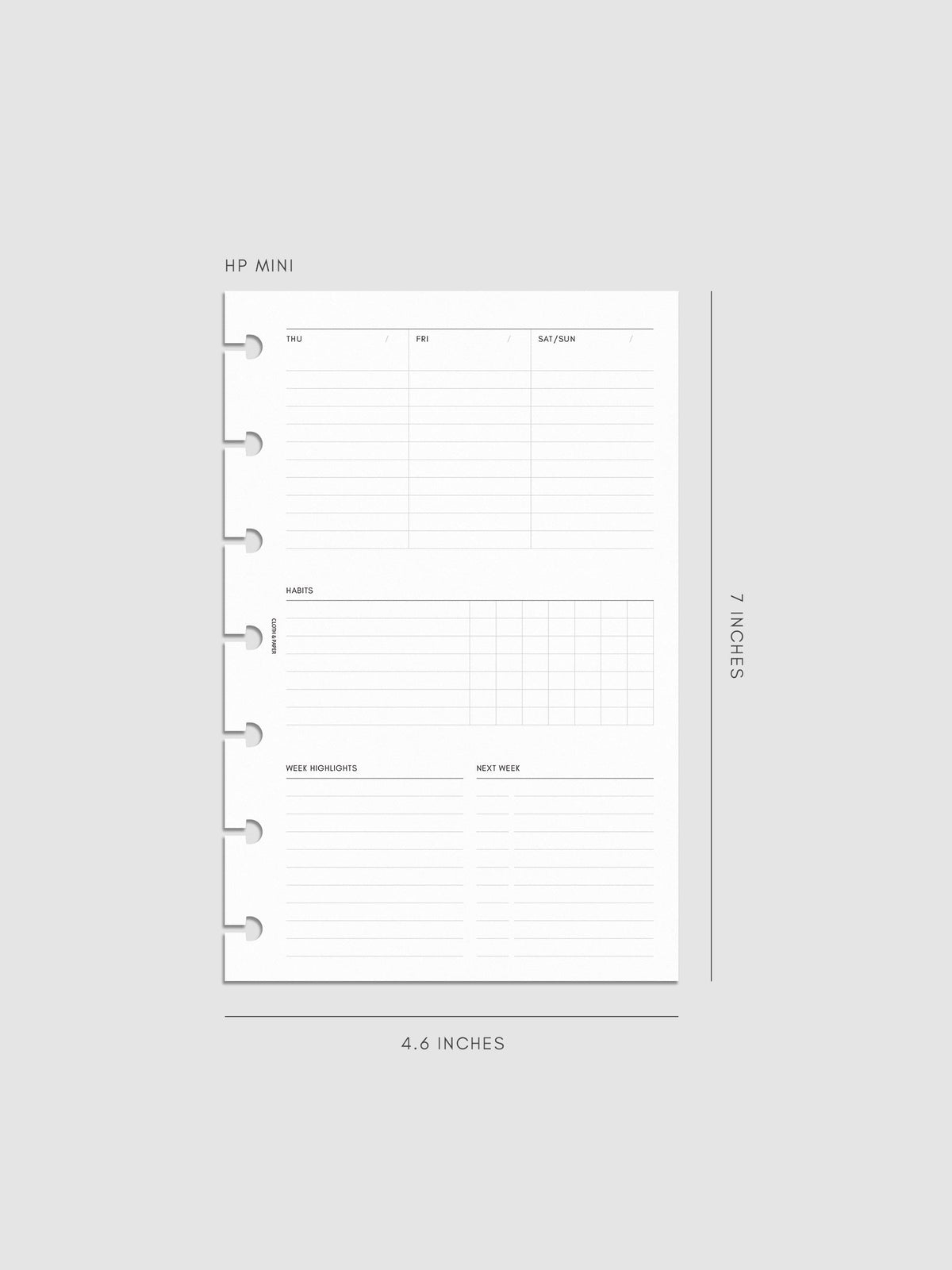 Weekly Essentials Planner Inserts, HP Mini 7-Disc Punch, right page of weekly spread showing columns for Thursday, Friday and a combined Saturday and Sunday, with a Habits tracker grid and Week Highlights and Next Week sections below