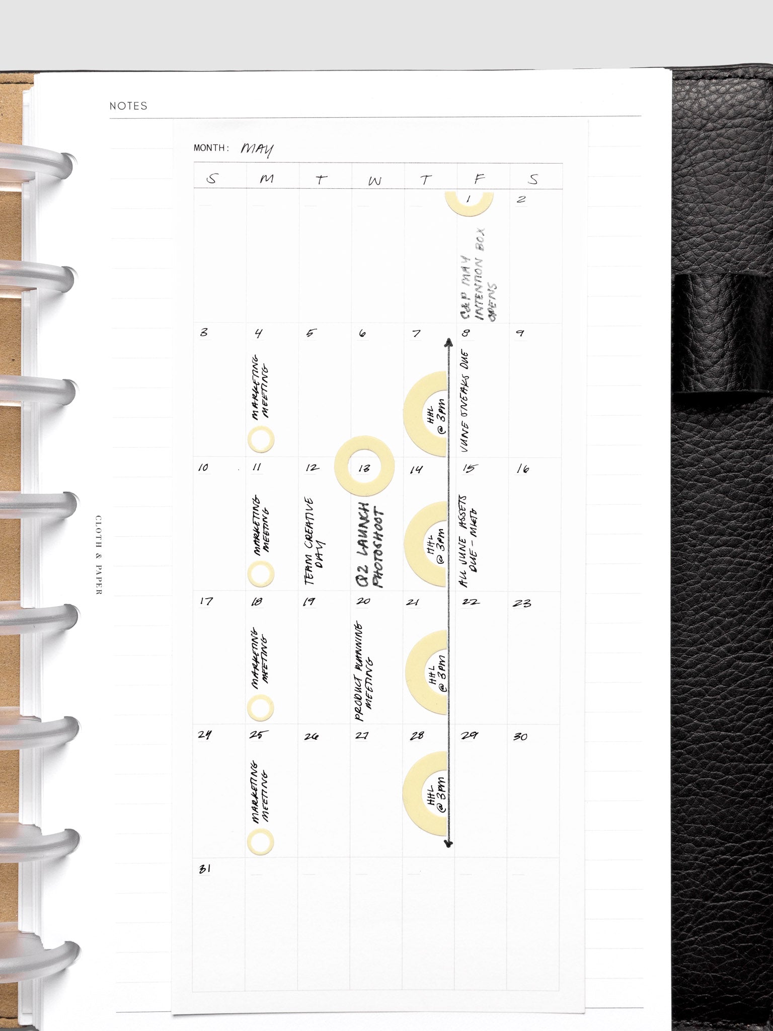 Detail view of the calendar monthly overview large sticky notes with stickers and handwritten notes applied