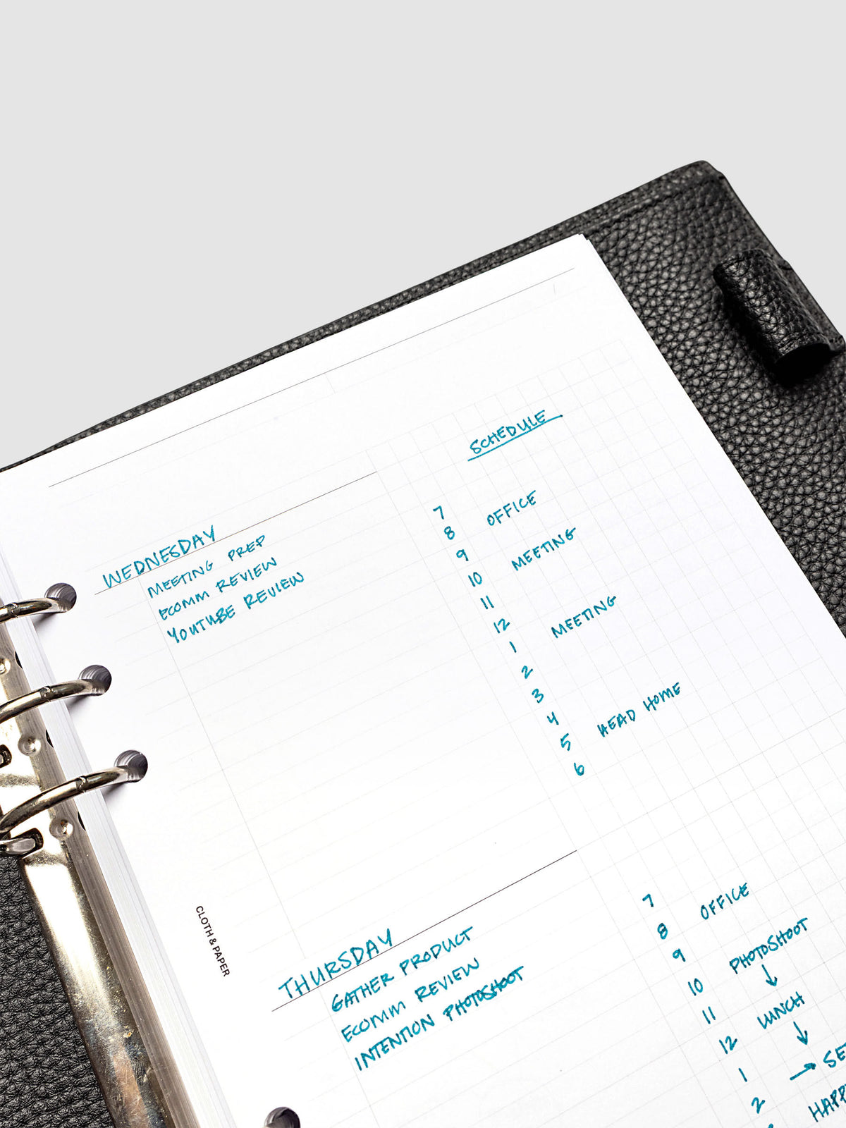 Daily Workflow Planner Inserts, A5 6-Ring Punch, close-up of the top of the right page showing handwritten notes in the graph section