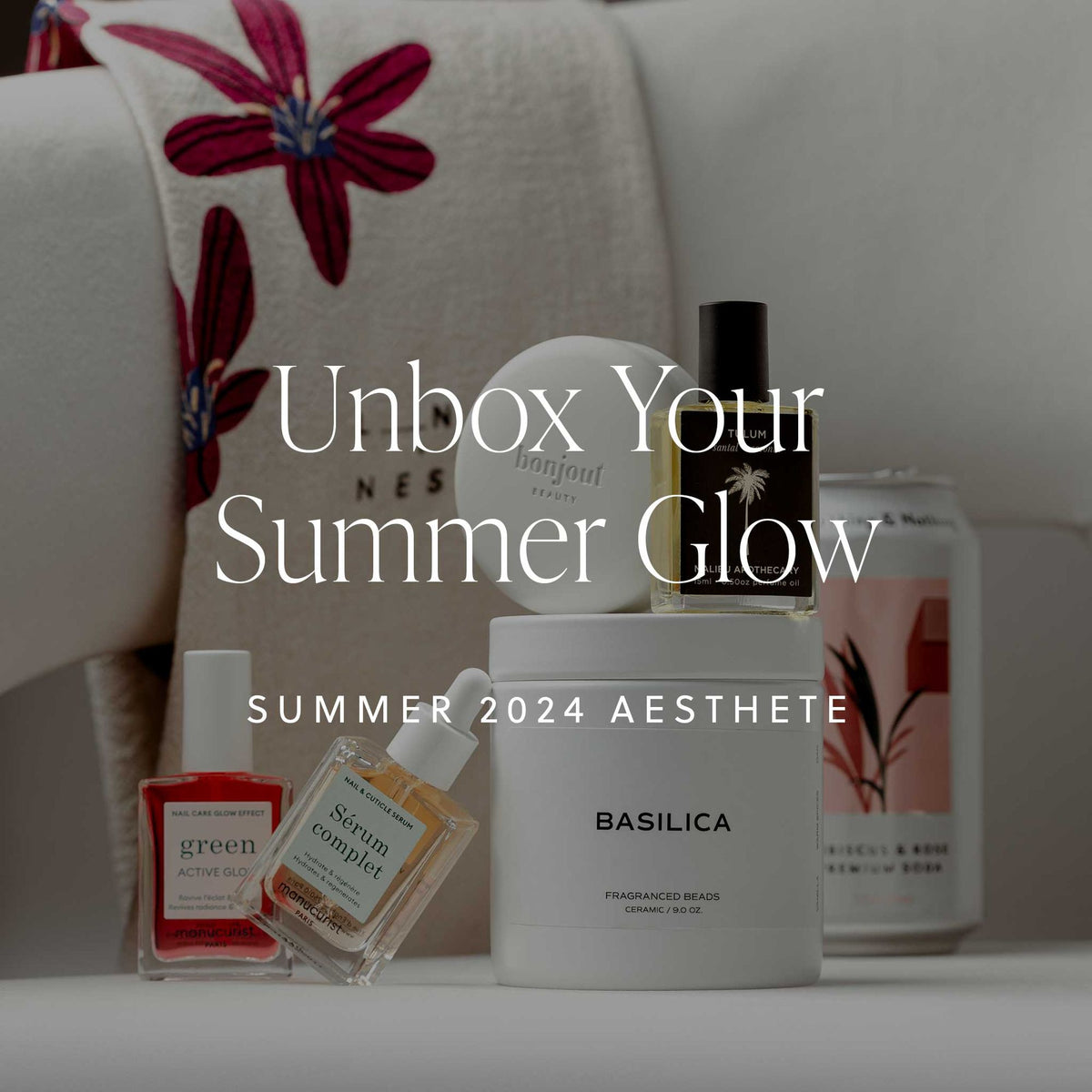 An image showing all the items include in the Summer 2024 Aesthete Box with text overlay that reads: "Summer 2024 Aesthete Box Unbox Your Summer Glow".  