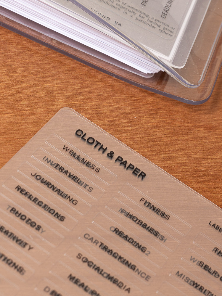 Label Stickers | Text shown resting on a wooden table.