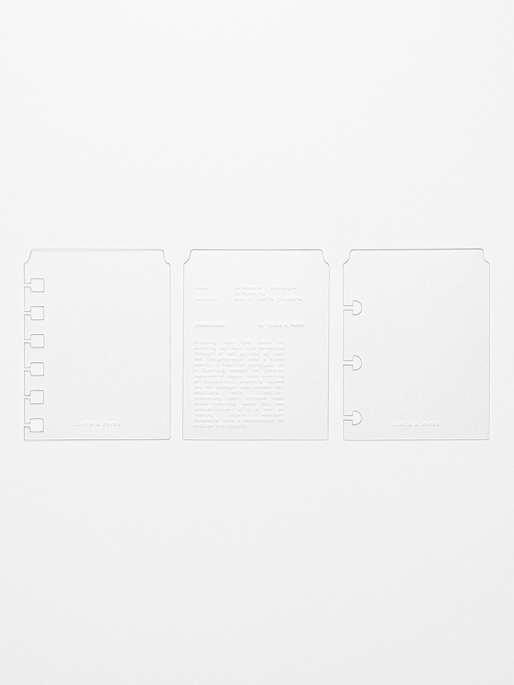 Set of 3 page markers including unpunched, spiral punch, and discbound punched with white printed text.