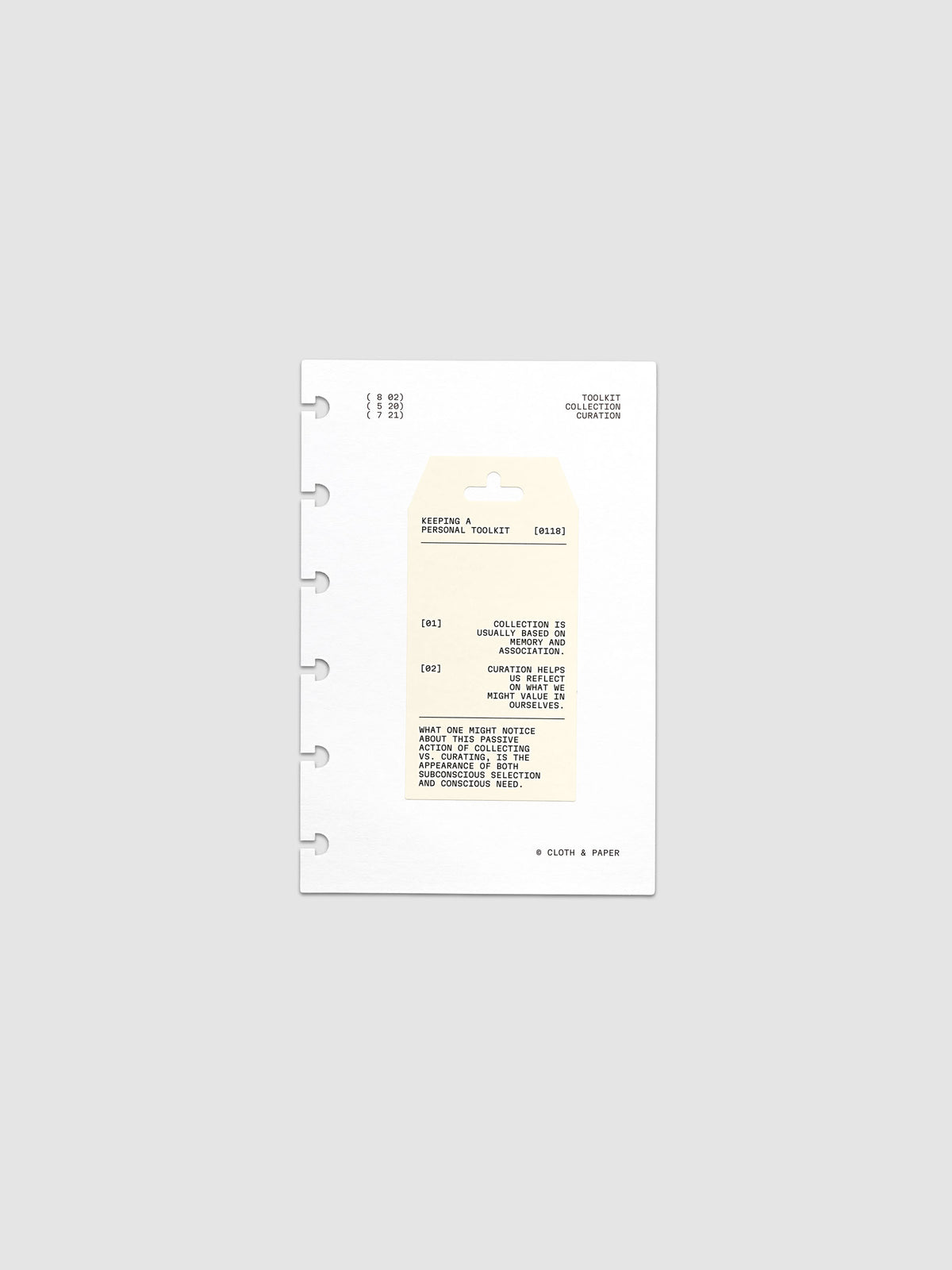 Personal Toolkit Planner Dashboard in CP Petite 6-Disc Punch, a cardstock dashboard with an affixed warm gray printed tag in black type on a light gray background