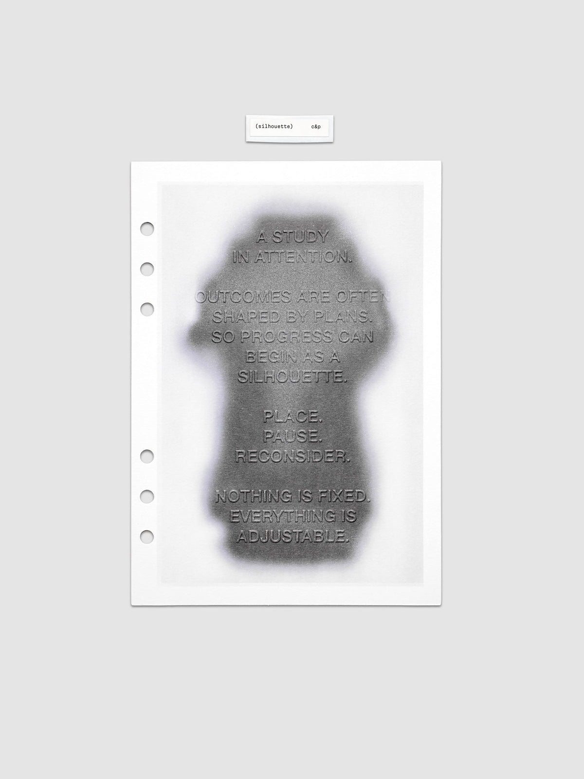 Silhouette Planner Dashboard in A5 6-Ring Punch. Greyscale silhouette print with embossed text on paper. Image 1 of 4.