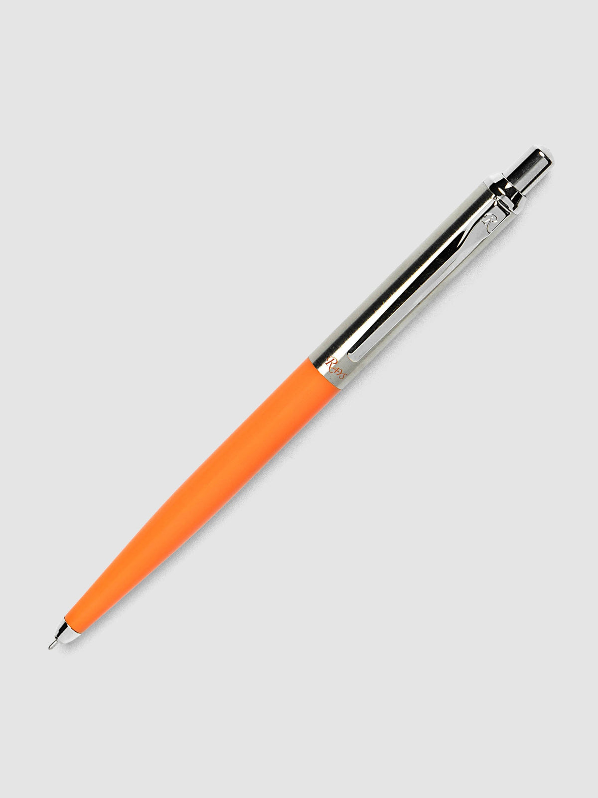 The OHTO Rays Flash Dry Gel Pen | 0.5 mm in Orange, full length, showing the orange lower barrel and the silver metal upper half with a clip
