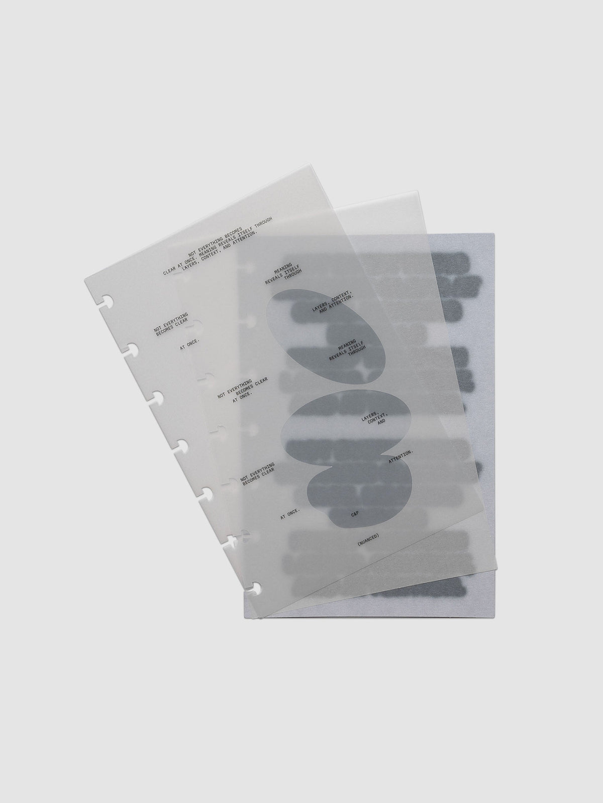 Nuanced Dashboard Trio, HP Mini 7-Disc Punch, the three dashboards fanned so the slate blue and grey shapes stack through the translucent sheets
