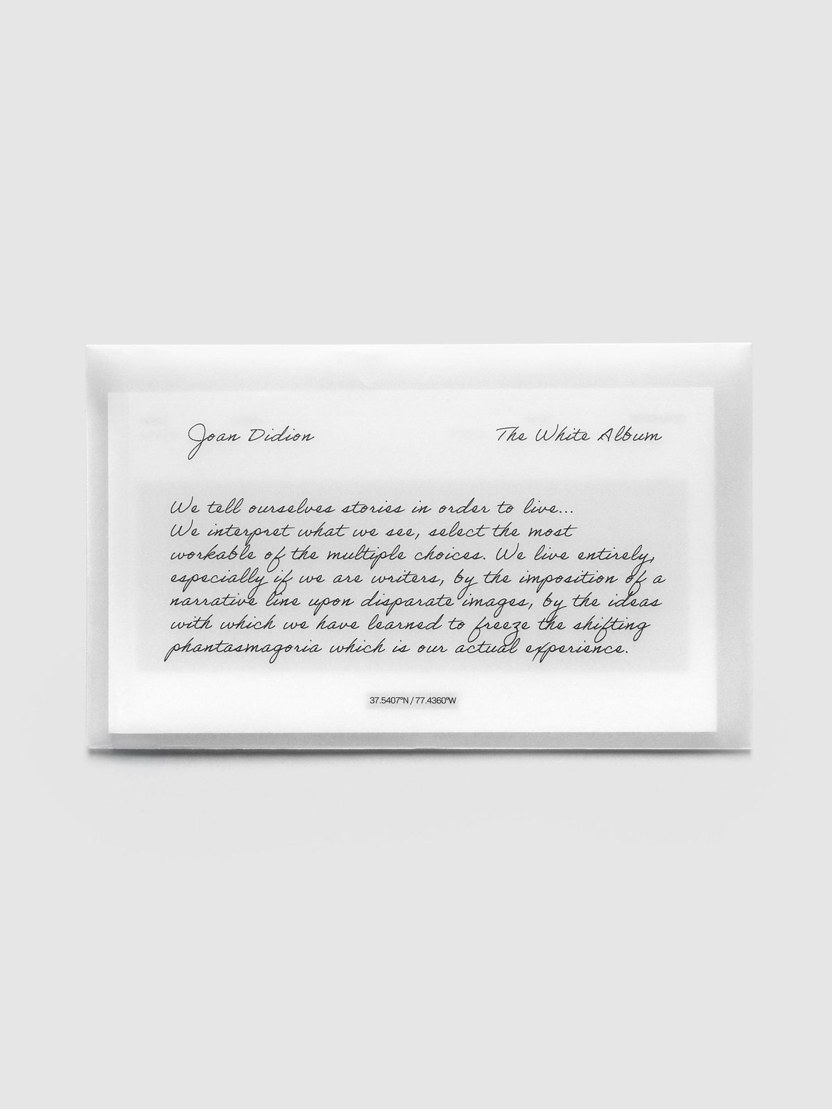 Archive Index Cards Set of 5, cards inside a vellum envelope printed with a passage in script