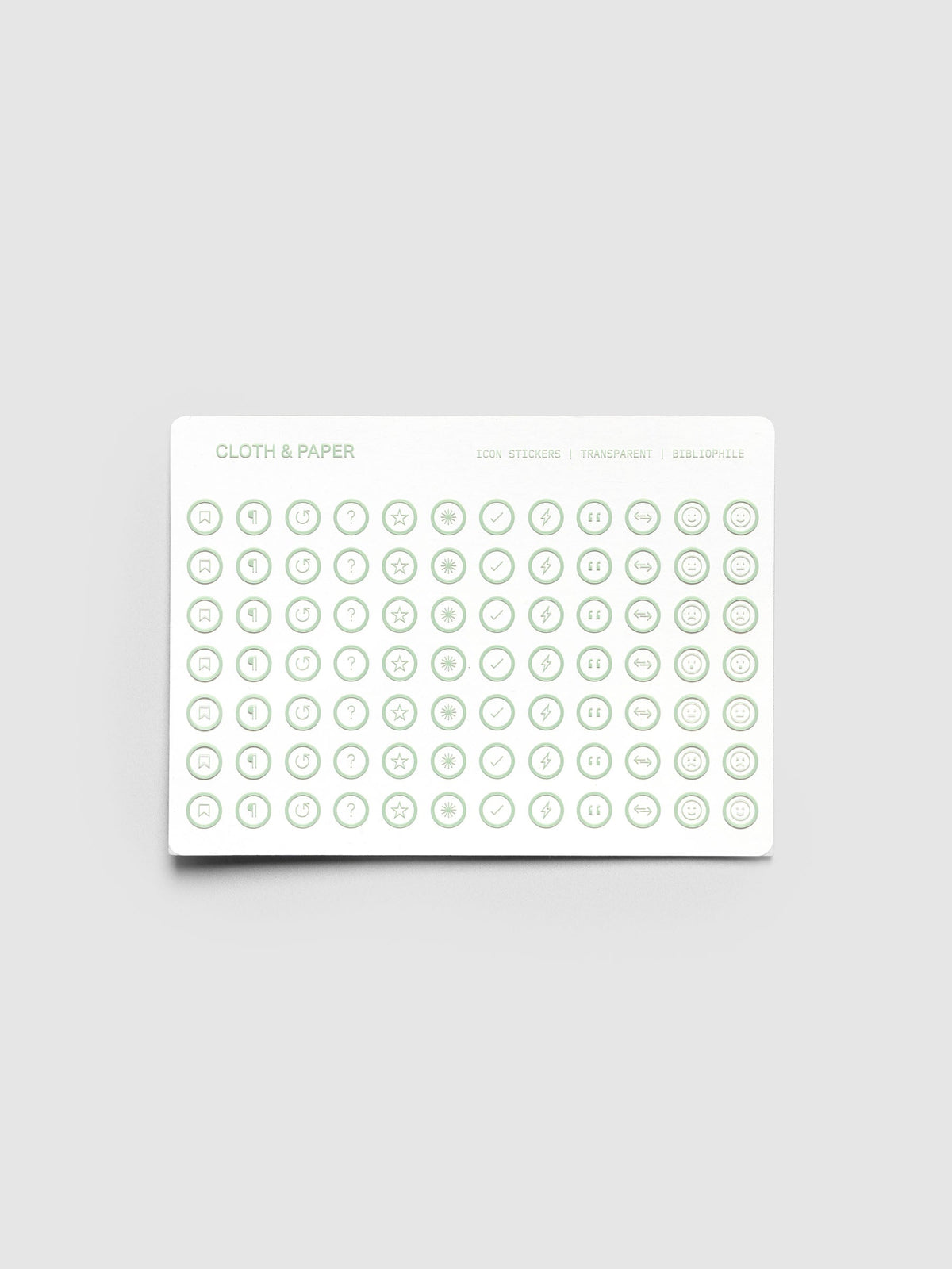 Icon Stickers Bibliophile, sheet of round clear stickers with icons in green