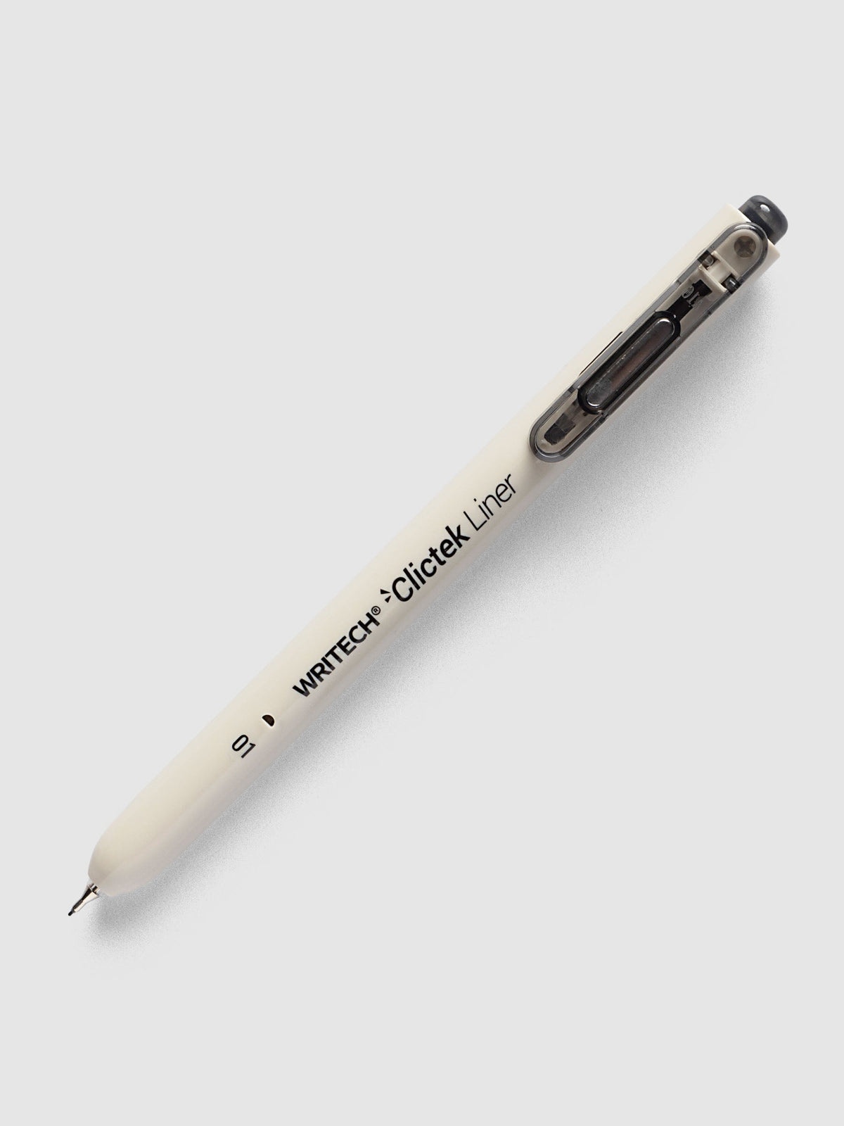Writech Clictek Liner Pen, 0.1 mm, beige barrel with a smoke grey clicker and clip, lying at an angle