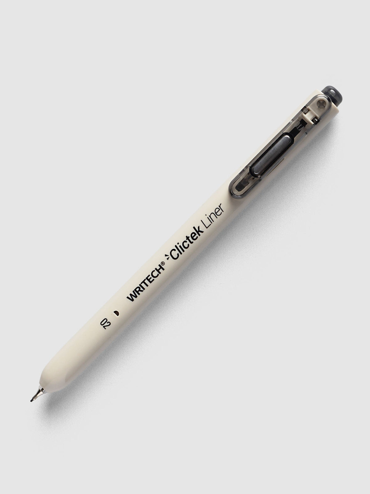 Writech Clictek Liner Pen, 0.2 mm, beige barrel with a smoke grey clicker and clip, lying at an angle