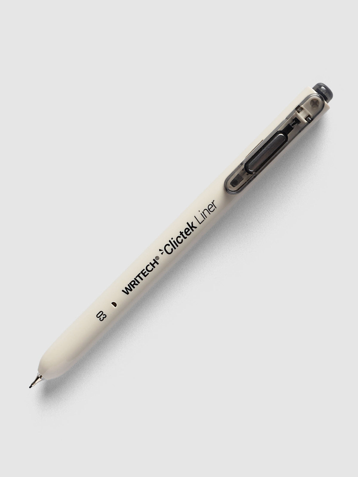 Writech Clictek Liner Pen, 0.3 mm, beige barrel with a smoke grey clicker and clip, lying at an angle