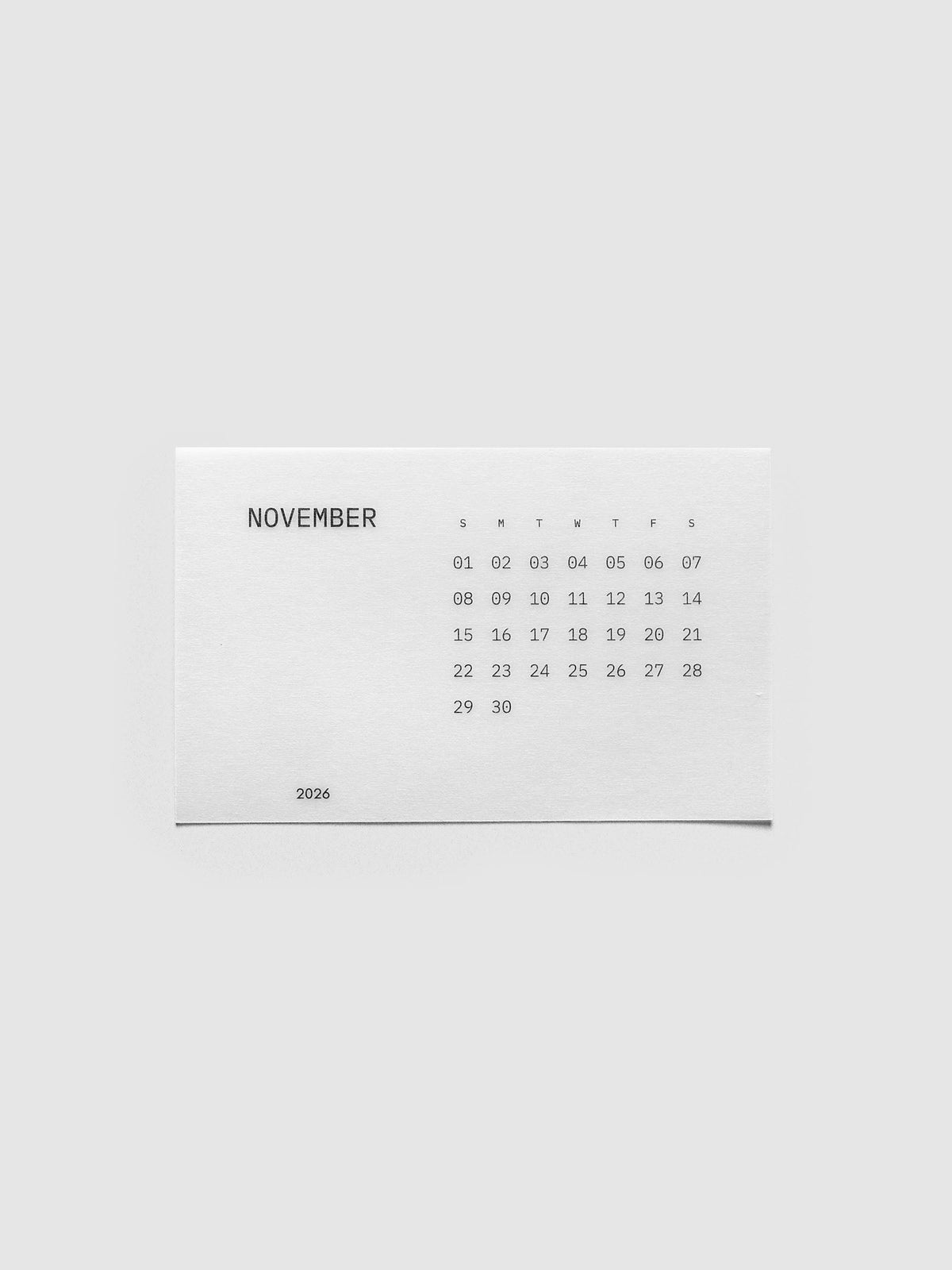 Pocket Calendar November 2026, translucent vellum card printed with the November 2026 month grid
